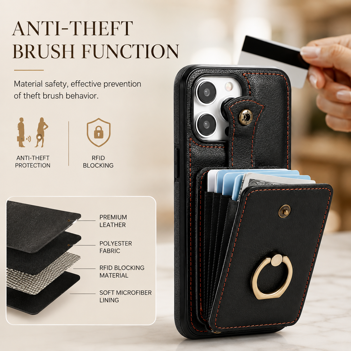 Premium iPhone Case Leather Wallet RFID Card Holder Ring Kickstand Lanyard Shockproof Protective Cover Anti Fingerprint Anti Scratch Non Slip Secure Storage