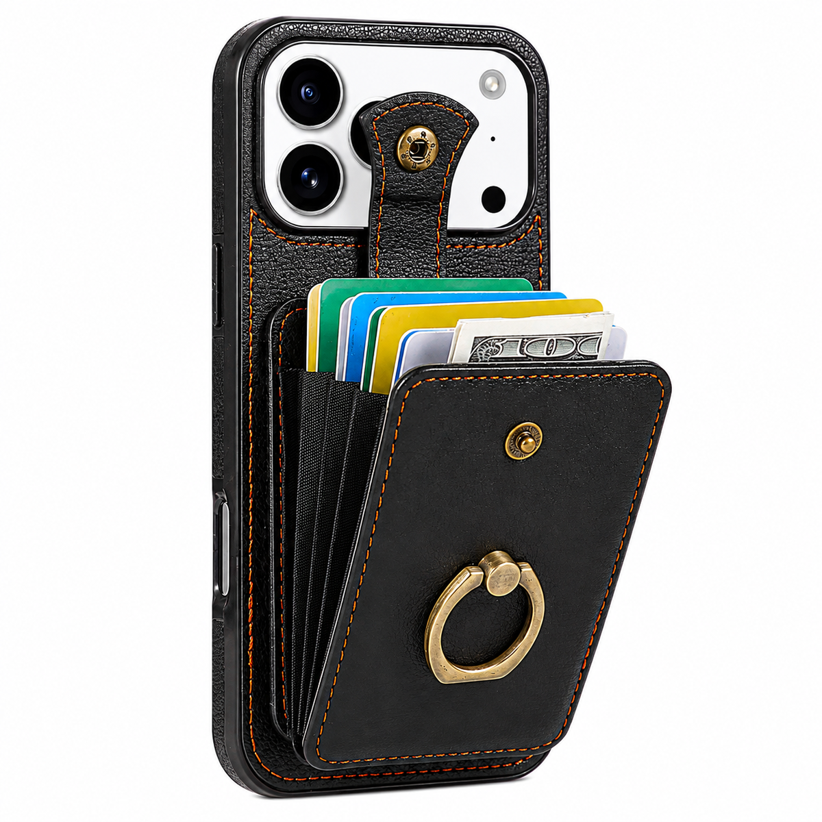 Premium iPhone Case Leather Wallet RFID Card Holder Ring Kickstand Lanyard Shockproof Protective Cover Anti Fingerprint Anti Scratch Non Slip Secure Storage