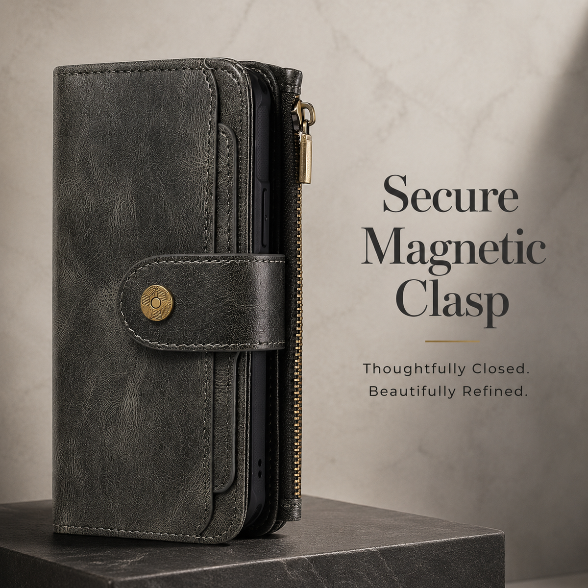 Premium iPhone Case Leather Wallet Zipper Card Holder Detachable Shockproof Protective Cover Anti Fingerprint Anti Scratch Non Slip Slim Secure Storage