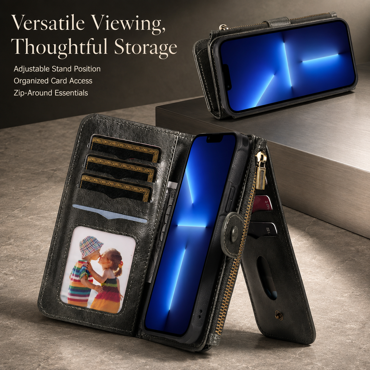 Premium iPhone Case Leather Wallet Zipper Card Holder Detachable Shockproof Protective Cover Anti Fingerprint Anti Scratch Non Slip Slim Secure Storage
