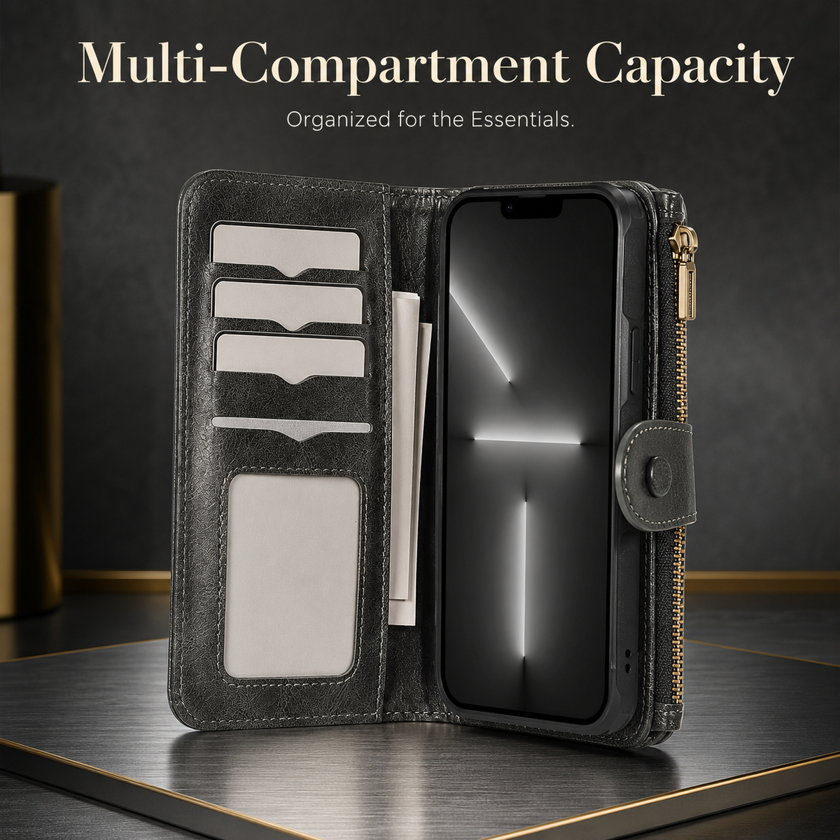 Premium iPhone Case Leather Wallet Zipper Card Holder Detachable Shockproof Protective Cover Anti Fingerprint Anti Scratch Non Slip Slim Secure Storage