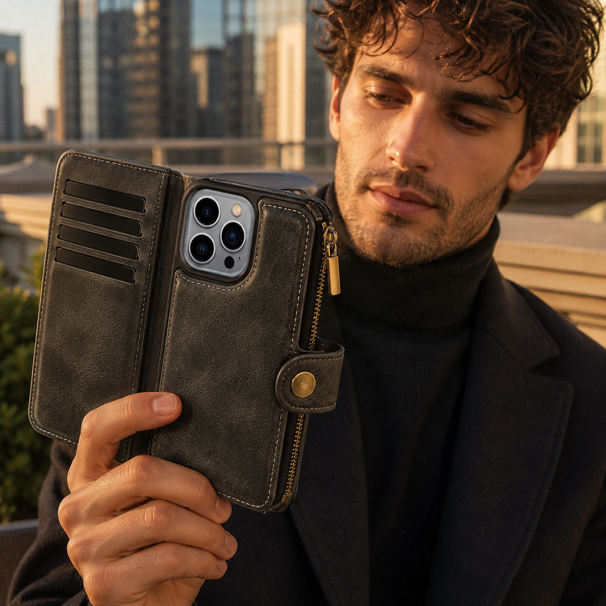 Premium iPhone Case Leather Wallet Zipper Card Holder Detachable Shockproof Protective Cover Anti Fingerprint Anti Scratch Non Slip Slim Secure Storage
