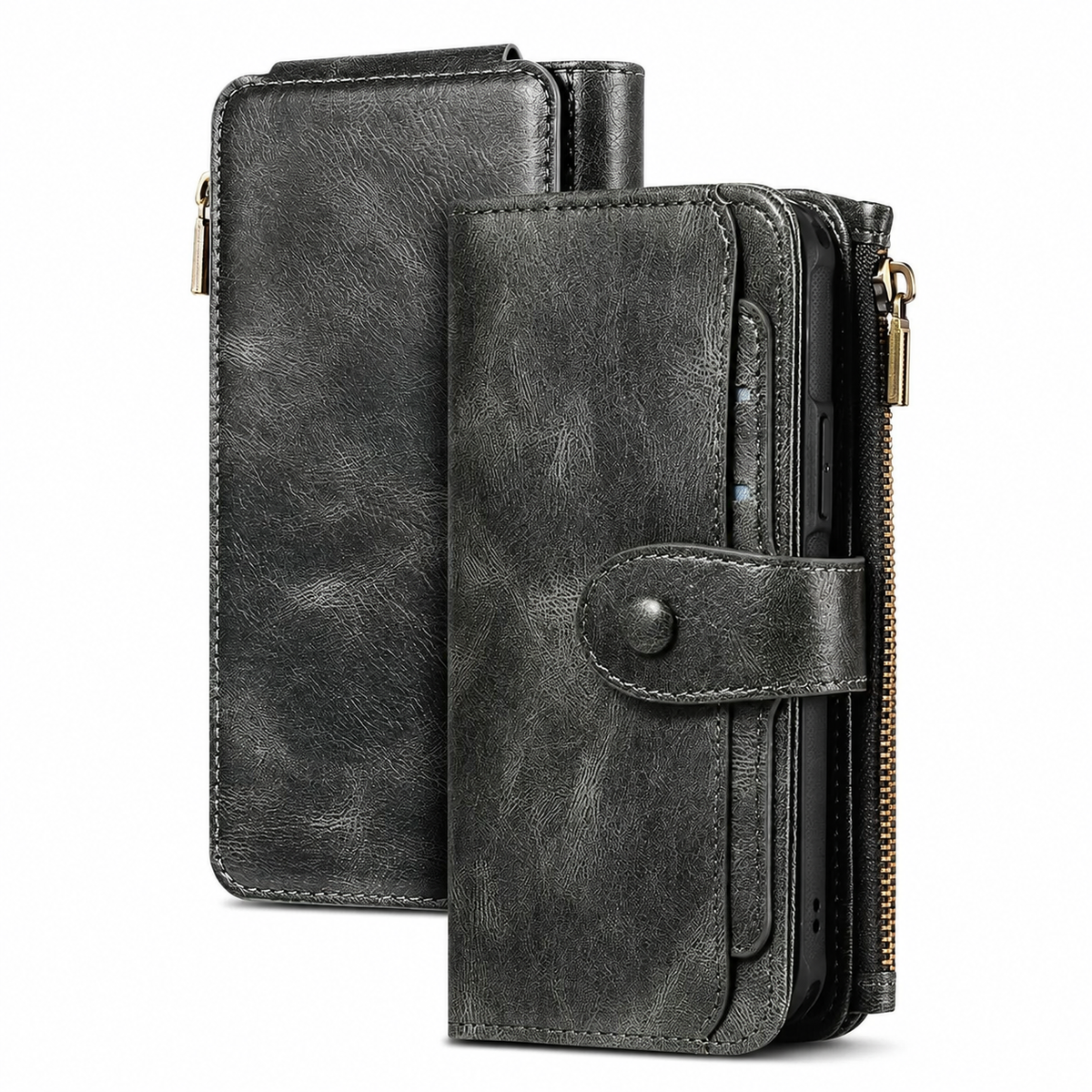 Premium iPhone Case Leather Wallet Zipper Card Holder Detachable Shockproof Protective Cover Anti Fingerprint Anti Scratch Non Slip Slim Secure Storage