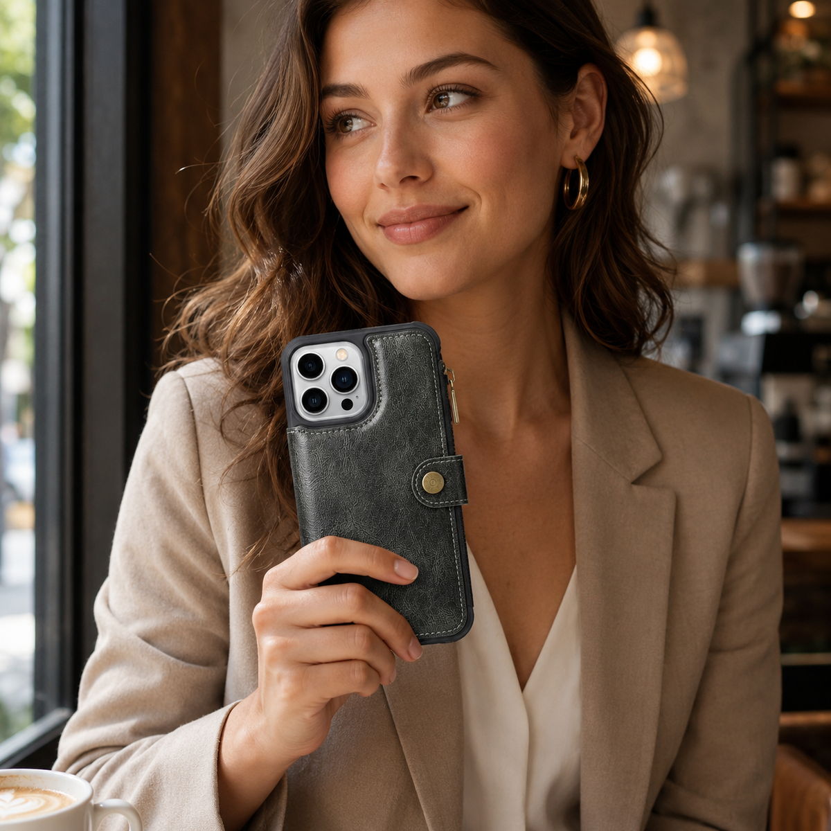 Premium iPhone Case Leather Wallet Zipper Card Holder Detachable Shockproof Protective Cover Anti Fingerprint Anti Scratch Non Slip Slim Secure Storage