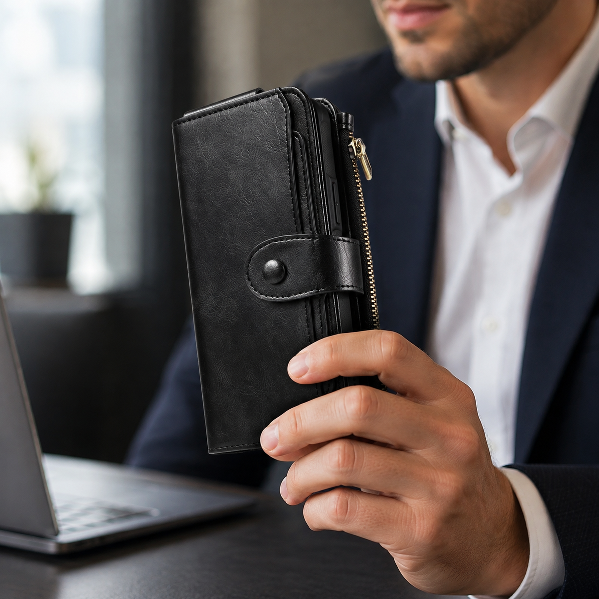 Premium iPhone Case Leather Wallet Zipper Card Holder Detachable Shockproof Protective Cover Anti Fingerprint Anti Scratch Non Slip Slim Secure Storage