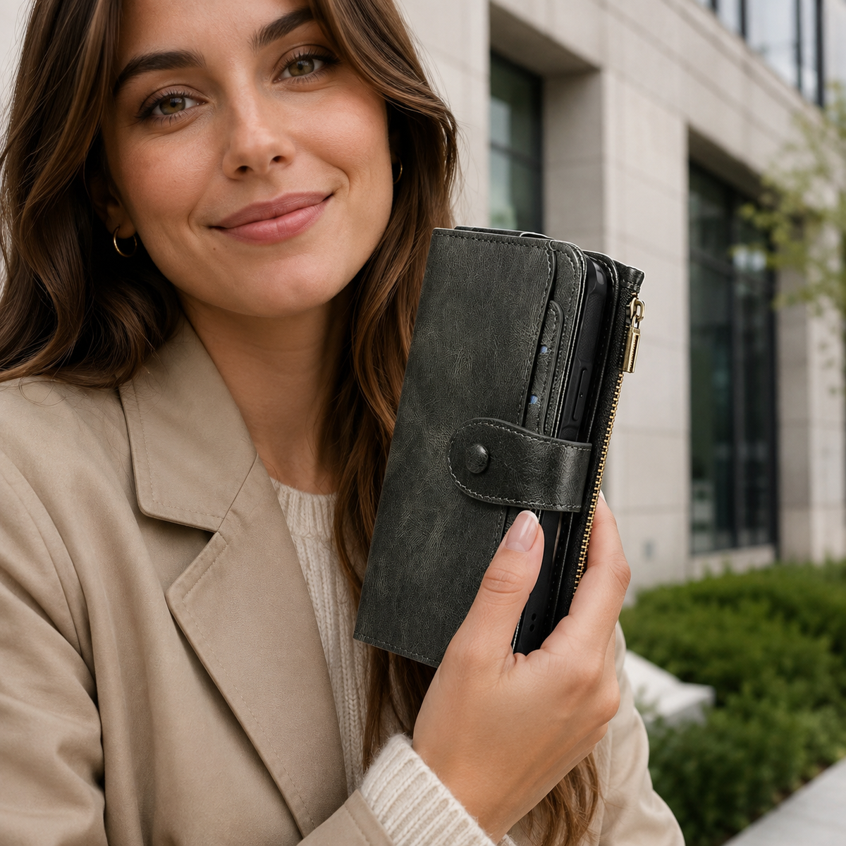 Premium iPhone Case Leather Wallet Zipper Card Holder Detachable Shockproof Protective Cover Anti Fingerprint Anti Scratch Non Slip Slim Secure Storage
