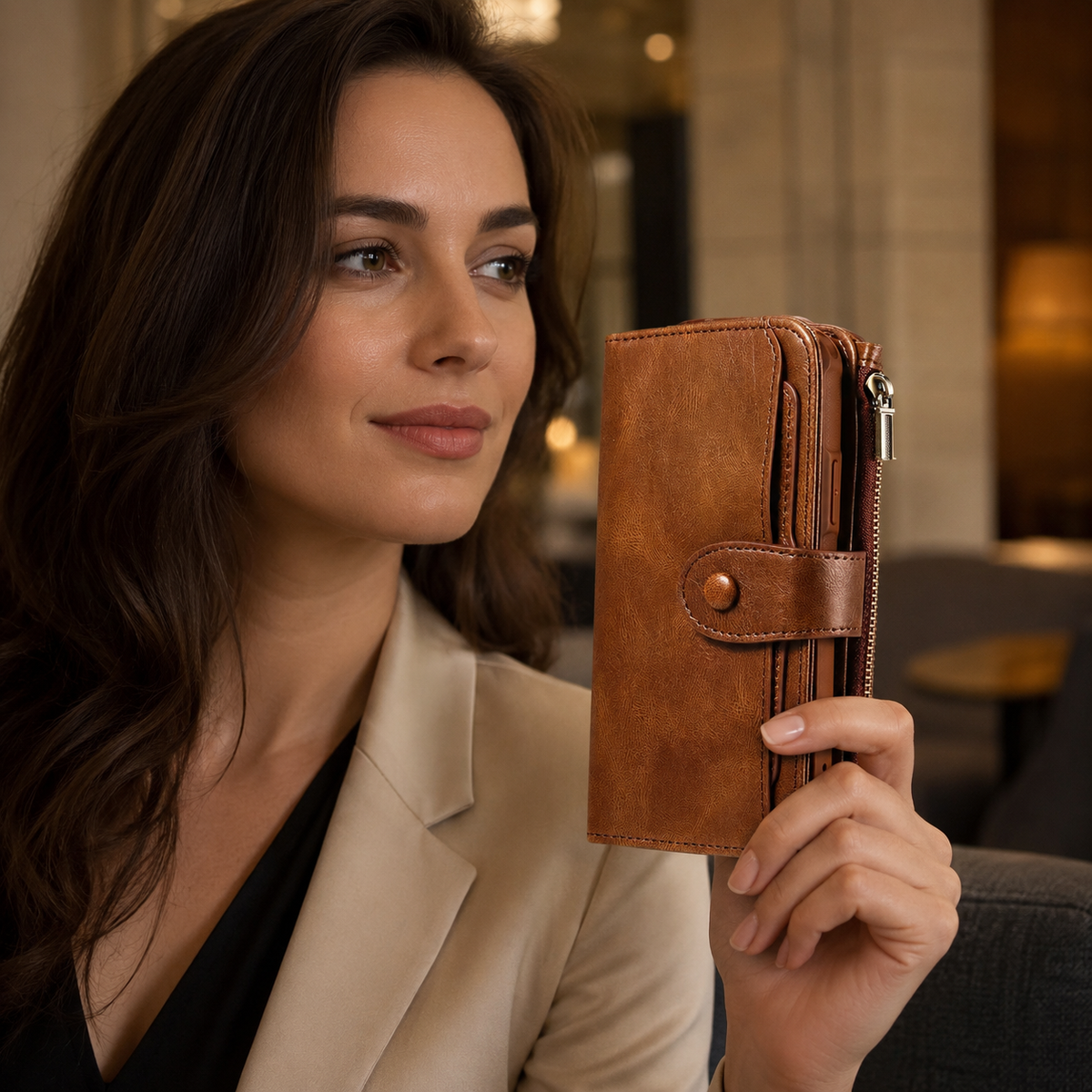 Premium iPhone Case Leather Wallet Zipper Card Holder Detachable Shockproof Protective Cover Anti Fingerprint Anti Scratch Non Slip Slim Secure Storage