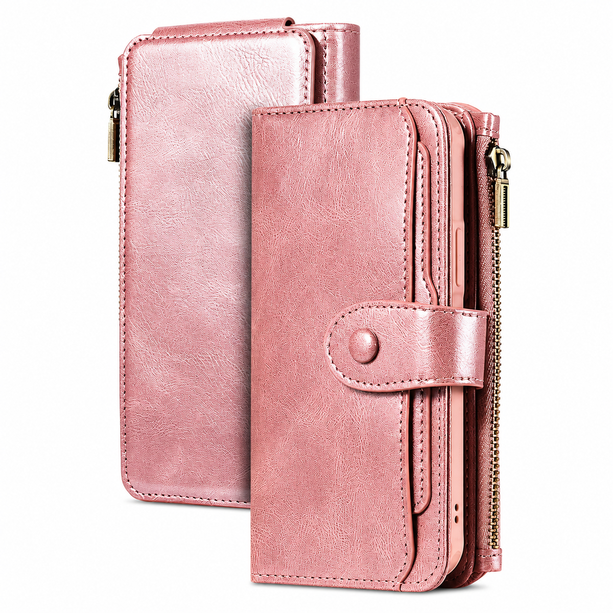 Premium iPhone Case Leather Wallet Zipper Card Holder Detachable Shockproof Protective Cover Anti Fingerprint Anti Scratch Non Slip Slim Secure Storage