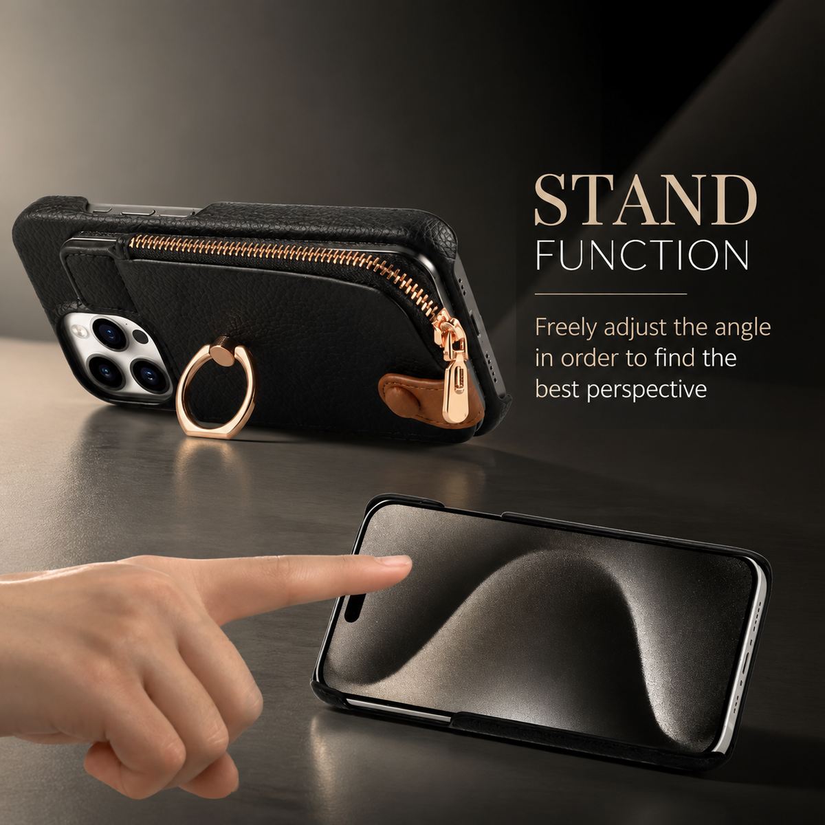 Premium iPhone Case Leather Wallet Zipper Card Holder Ring Kickstand Lanyard Magnetic Closure Shockproof Anti Fingerprint Anti Scratch Secure Storage