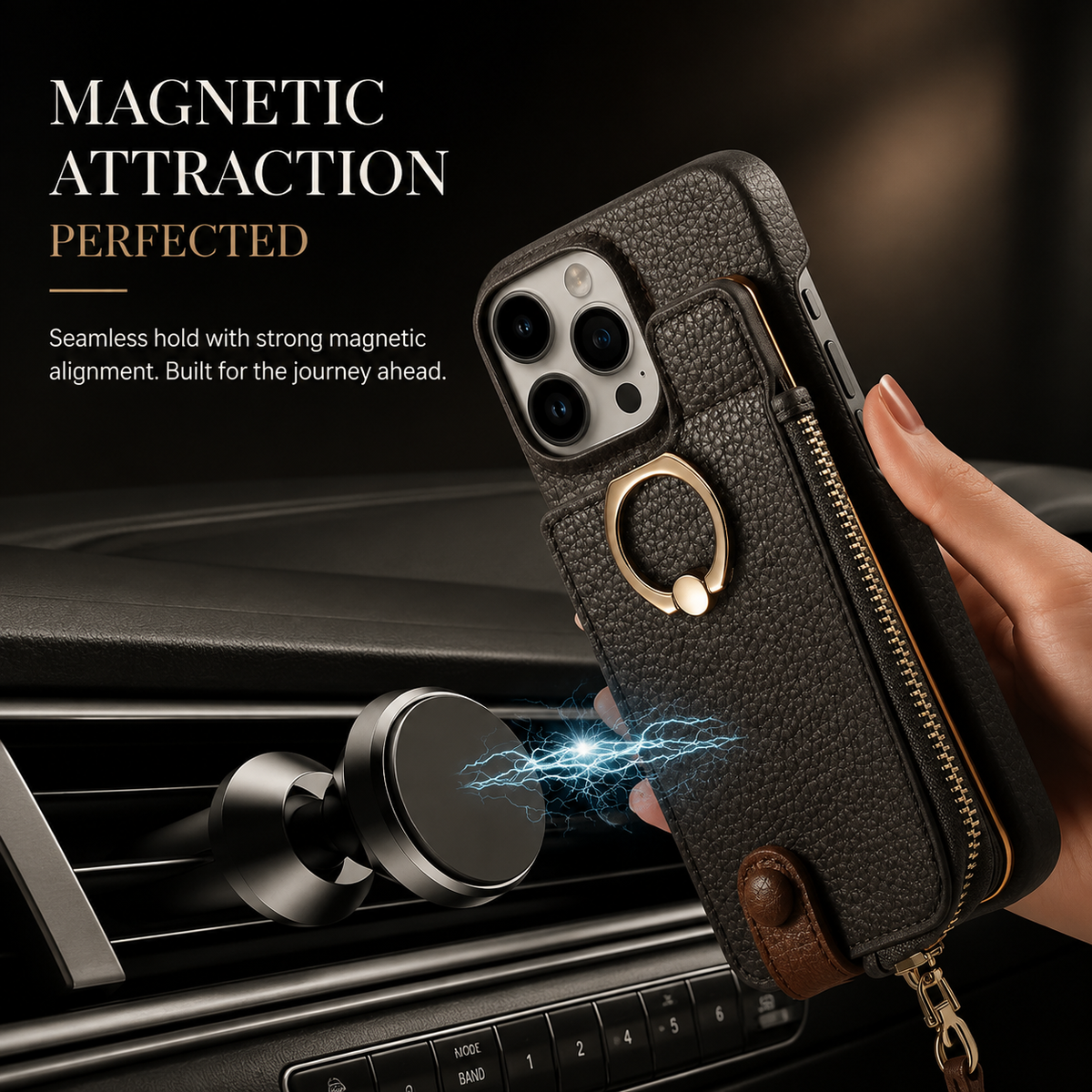 Premium iPhone Case Leather Wallet Zipper Card Holder Ring Kickstand Lanyard Magnetic Closure Shockproof Anti Fingerprint Anti Scratch Secure Storage