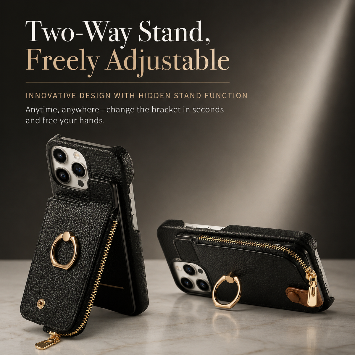 Premium iPhone Case Leather Wallet Zipper Card Holder Ring Kickstand Lanyard Magnetic Closure Shockproof Anti Fingerprint Anti Scratch Secure Storage