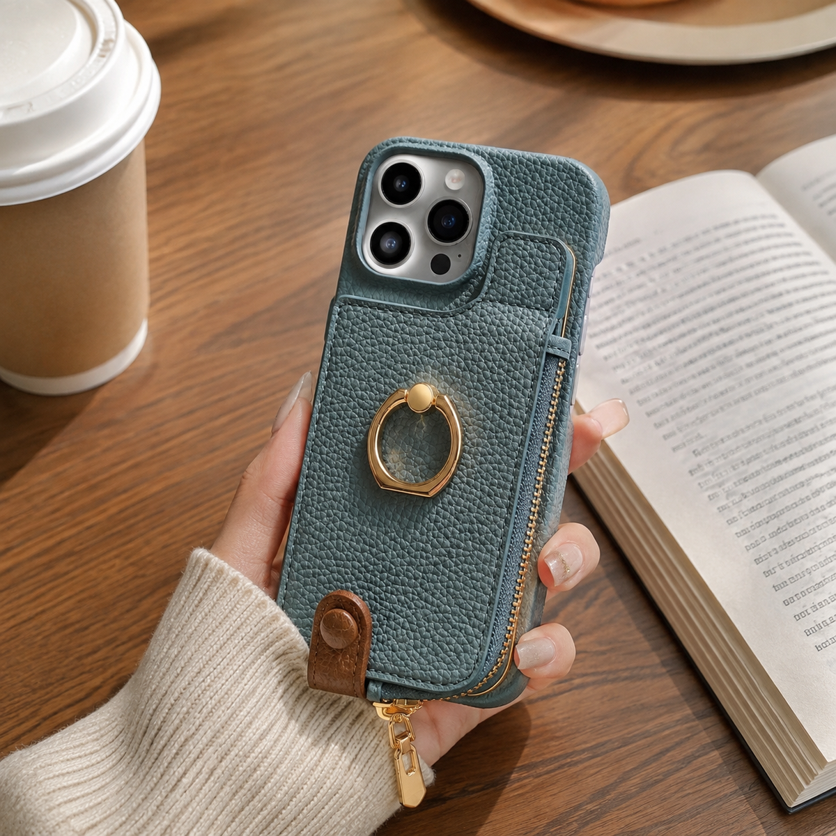 Premium iPhone Case Leather Wallet Zipper Card Holder Ring Kickstand Lanyard Magnetic Closure Shockproof Anti Fingerprint Anti Scratch Secure Storage