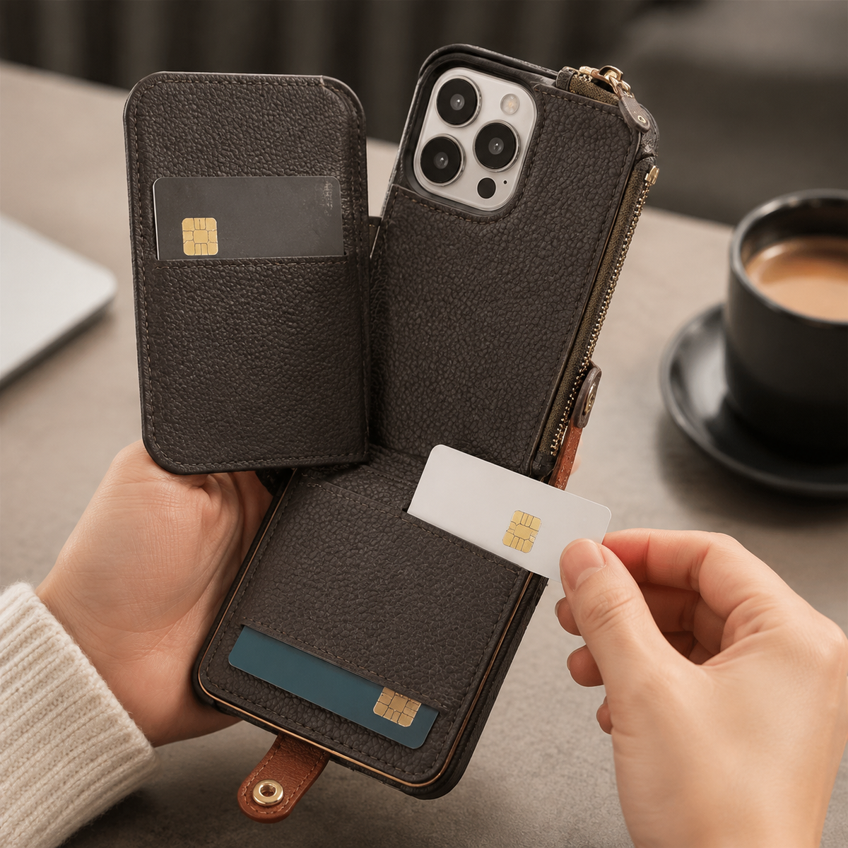 Premium iPhone Case Leather Wallet Zipper Card Holder Ring Kickstand Lanyard Magnetic Closure Shockproof Anti Fingerprint Anti Scratch Secure Storage