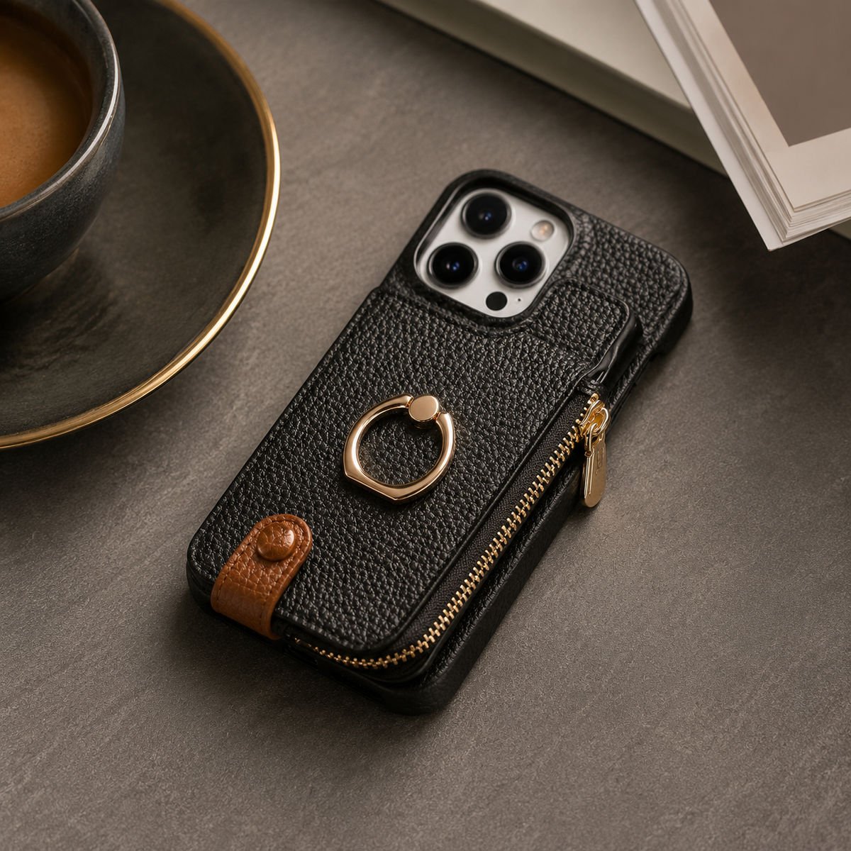 Premium iPhone Case Leather Wallet Zipper Card Holder Ring Kickstand Lanyard Magnetic Closure Shockproof Anti Fingerprint Anti Scratch Secure Storage