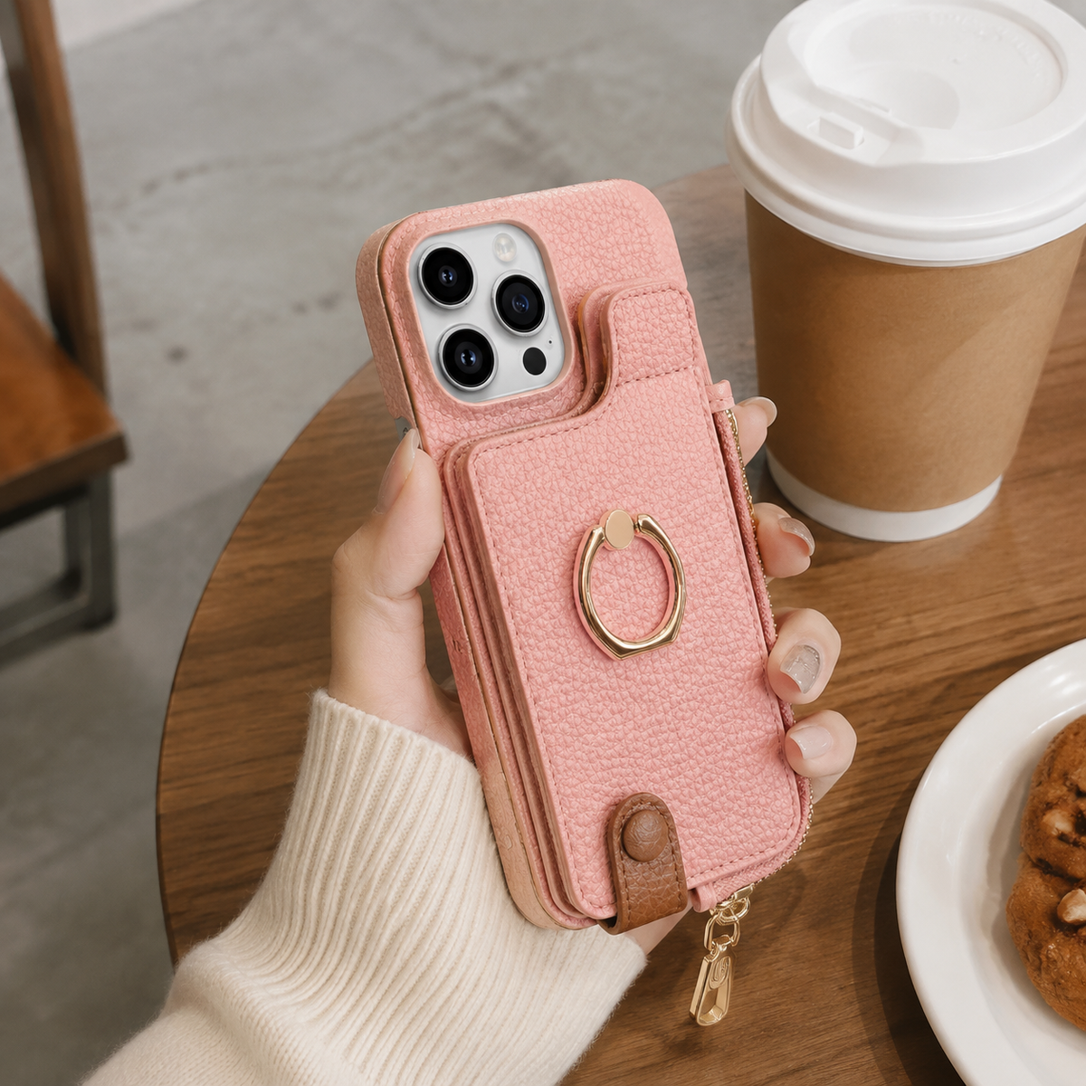 Premium iPhone Case Leather Wallet Zipper Card Holder Ring Kickstand Lanyard Magnetic Closure Shockproof Anti Fingerprint Anti Scratch Secure Storage