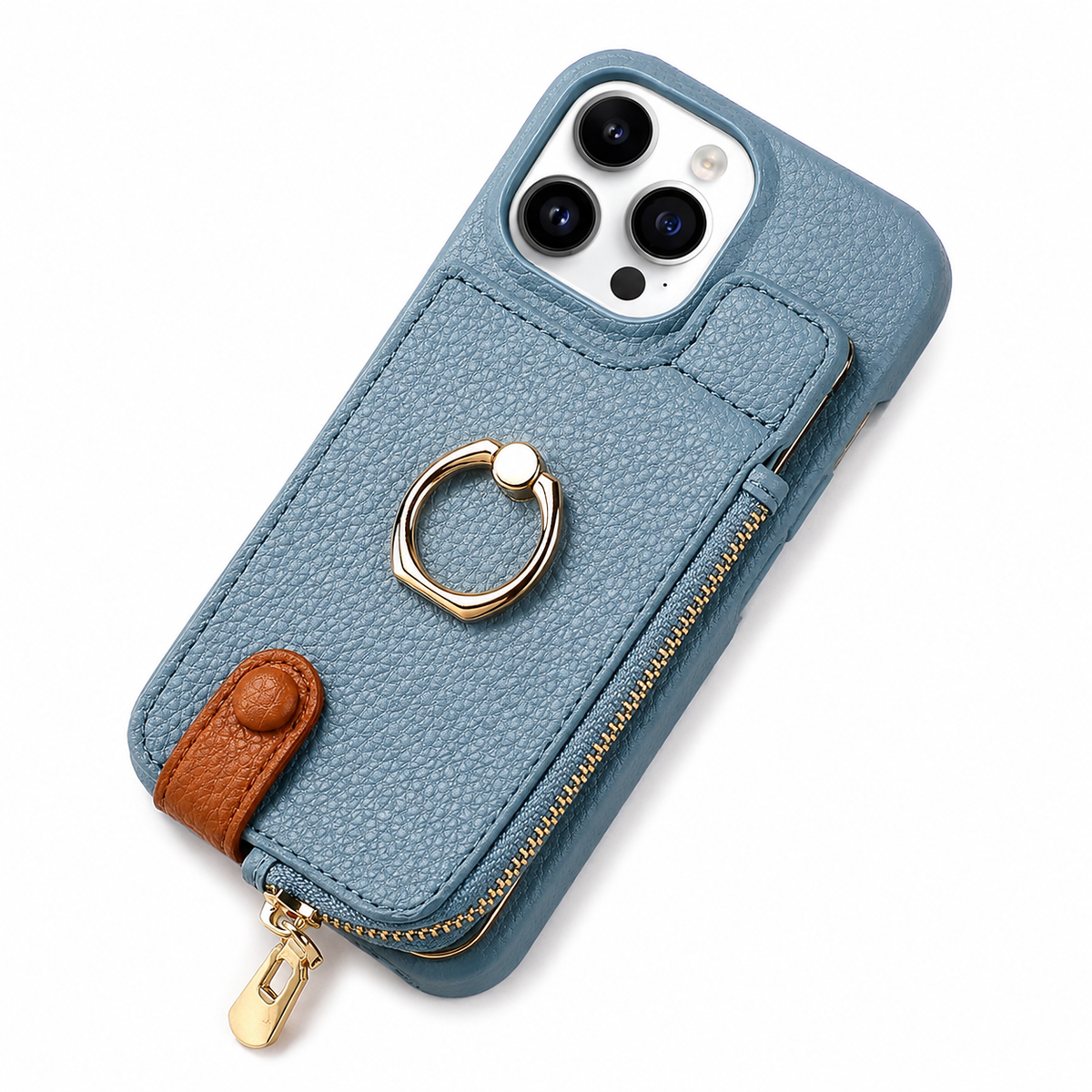 Premium iPhone Case Leather Wallet Zipper Card Holder Ring Kickstand Lanyard Magnetic Closure Shockproof Anti Fingerprint Anti Scratch Secure Storage