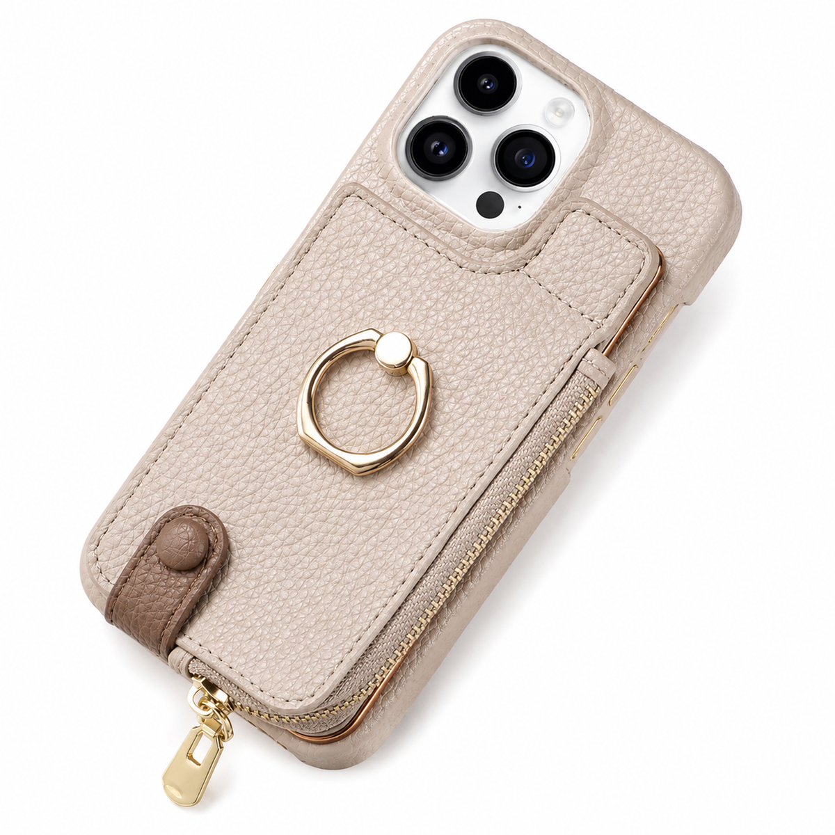 Premium iPhone Case Leather Wallet Zipper Card Holder Ring Kickstand Lanyard Magnetic Closure Shockproof Anti Fingerprint Anti Scratch Secure Storage