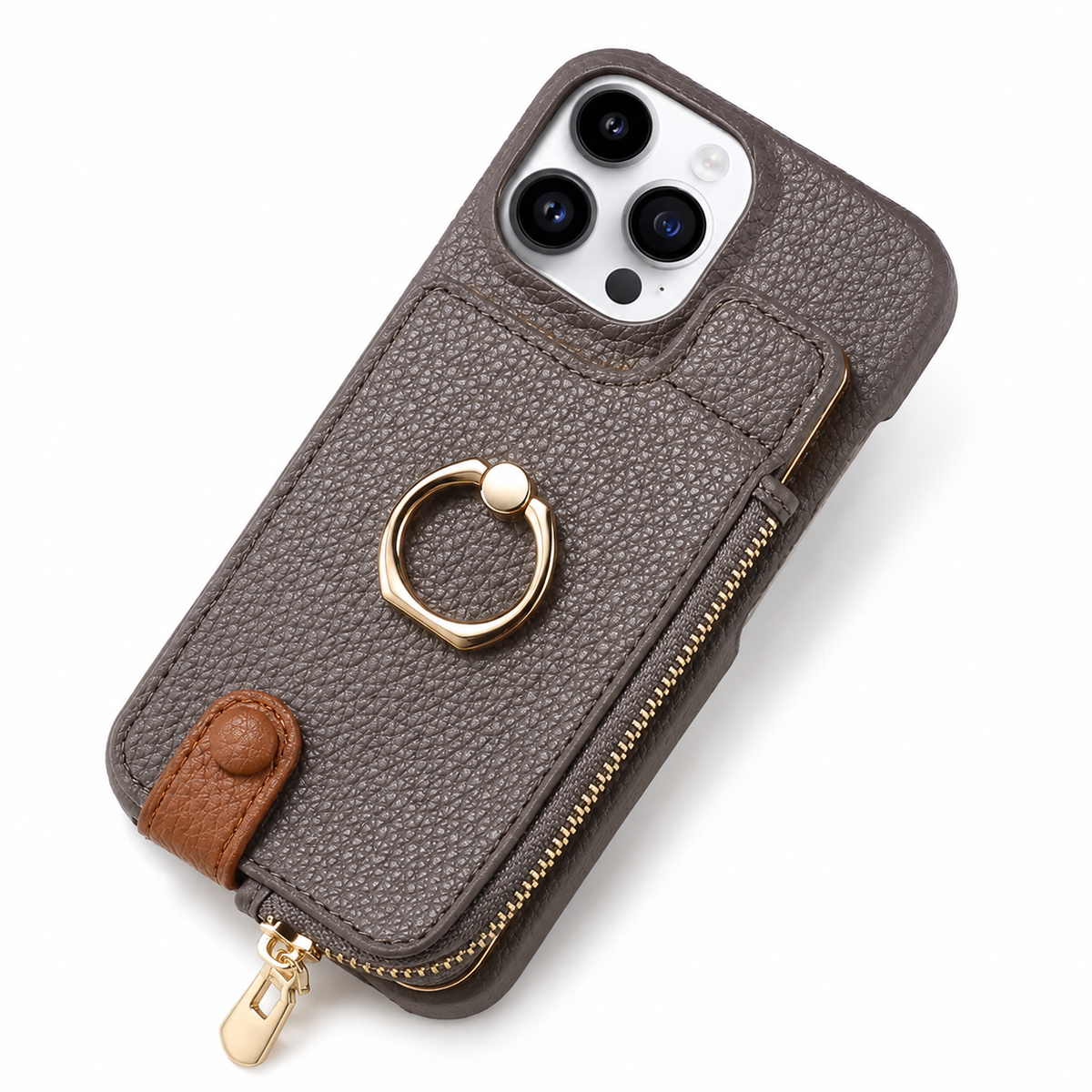 Premium iPhone Case Leather Wallet Zipper Card Holder Ring Kickstand Lanyard Magnetic Closure Shockproof Anti Fingerprint Anti Scratch Secure Storage