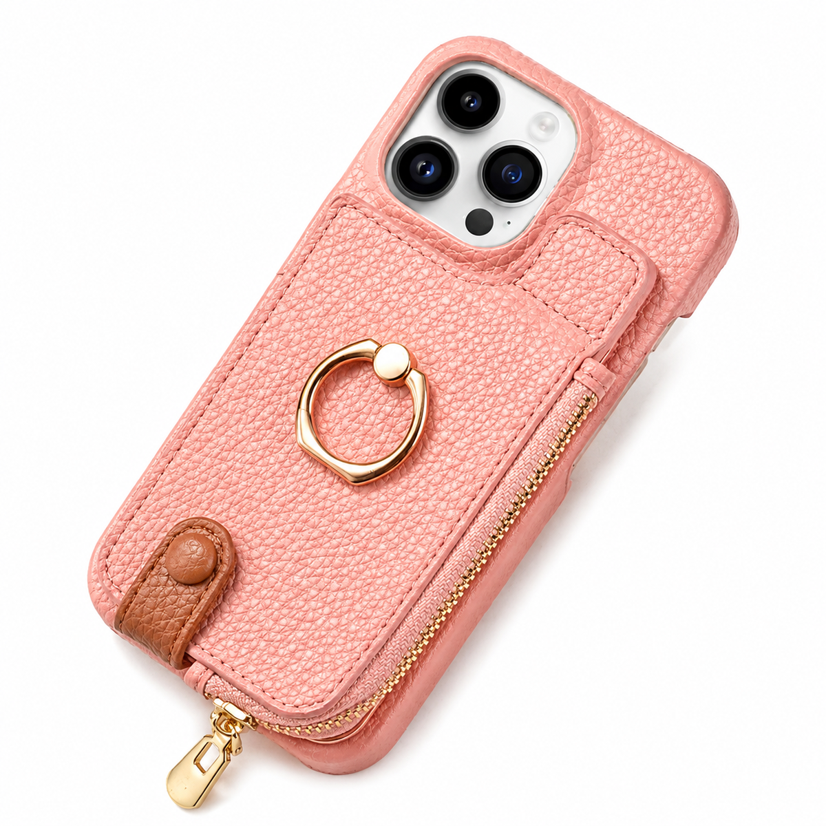 Premium iPhone Case Leather Wallet Zipper Card Holder Ring Kickstand Lanyard Magnetic Closure Shockproof Anti Fingerprint Anti Scratch Secure Storage