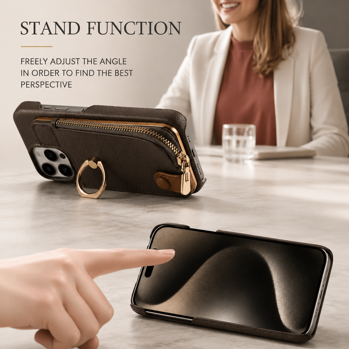 Premium iPhone Case Leather Wallet Zipper Card Holder Ring Kickstand Lanyard Magnetic Closure Shockproof Anti Fingerprint Anti Scratch Secure Storage