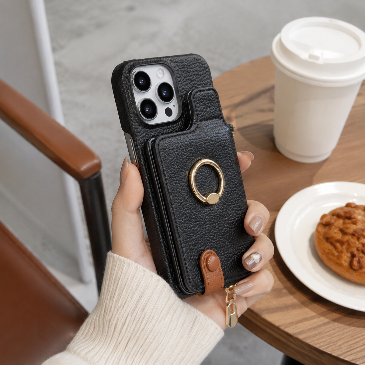 Premium iPhone Case Leather Wallet Zipper Card Holder Ring Kickstand Lanyard Magnetic Closure Shockproof Anti Fingerprint Anti Scratch Secure Storage