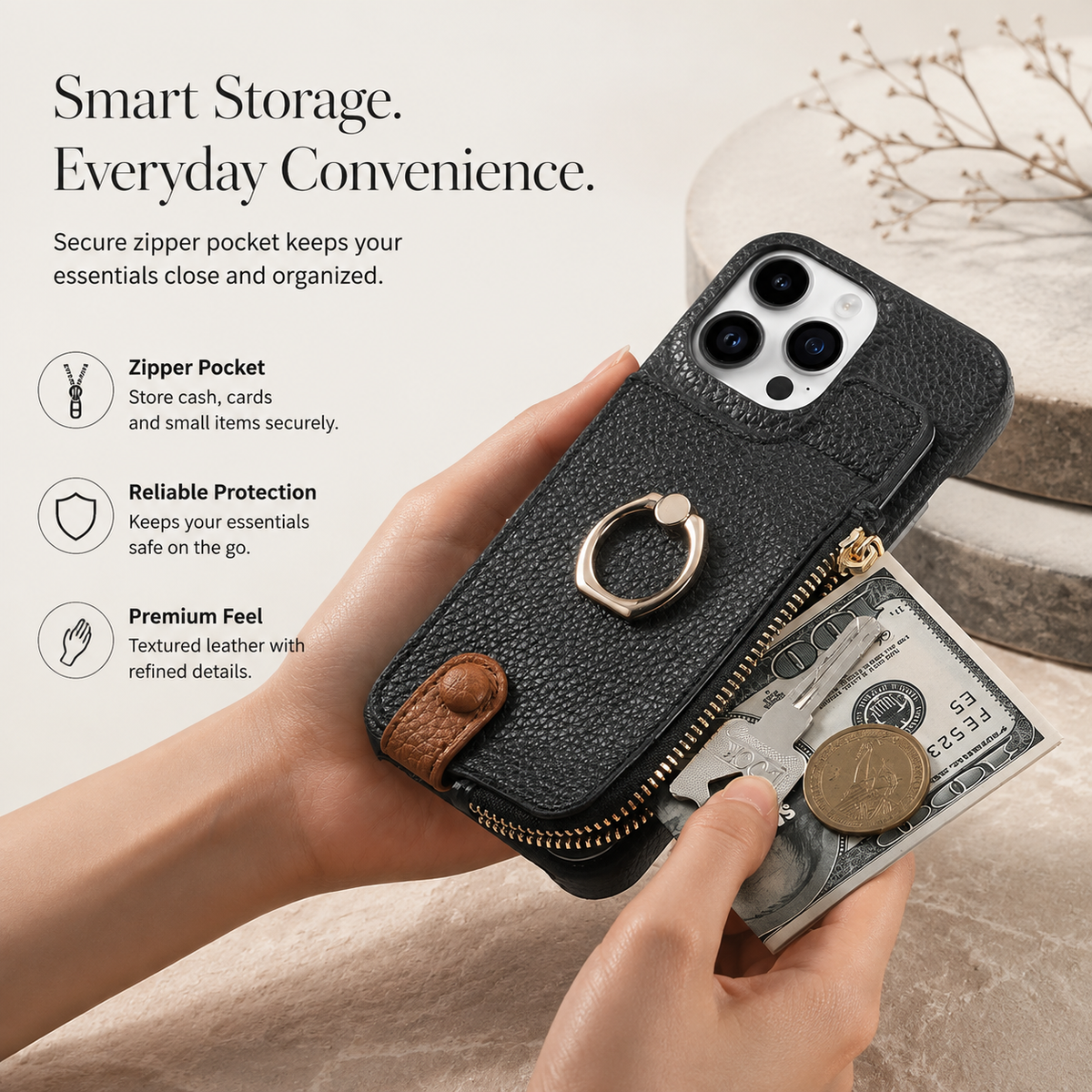 Premium iPhone Case Leather Wallet Zipper Card Holder Ring Kickstand Lanyard Magnetic Closure Shockproof Anti Fingerprint Anti Scratch Secure Storage