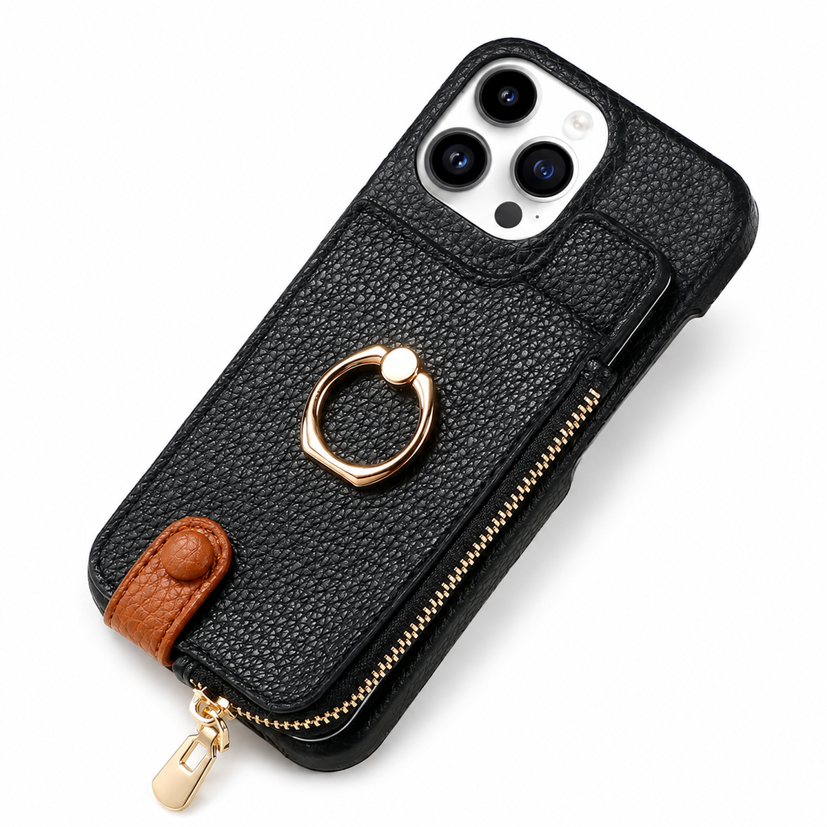 Premium iPhone Case Leather Wallet Zipper Card Holder Ring Kickstand Lanyard Magnetic Closure Shockproof Anti Fingerprint Anti Scratch Secure Storage
