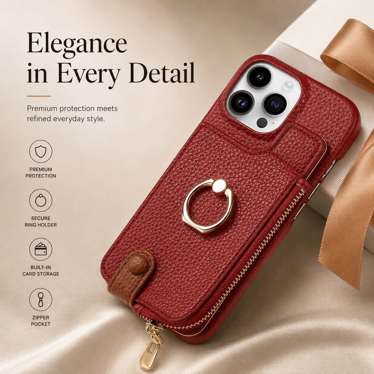 Premium iPhone Case Leather Wallet Zipper Card Holder Ring Kickstand Magnetic Closure Shockproof Protective Cover Anti Fingerprint Anti Scratch Full Coverage