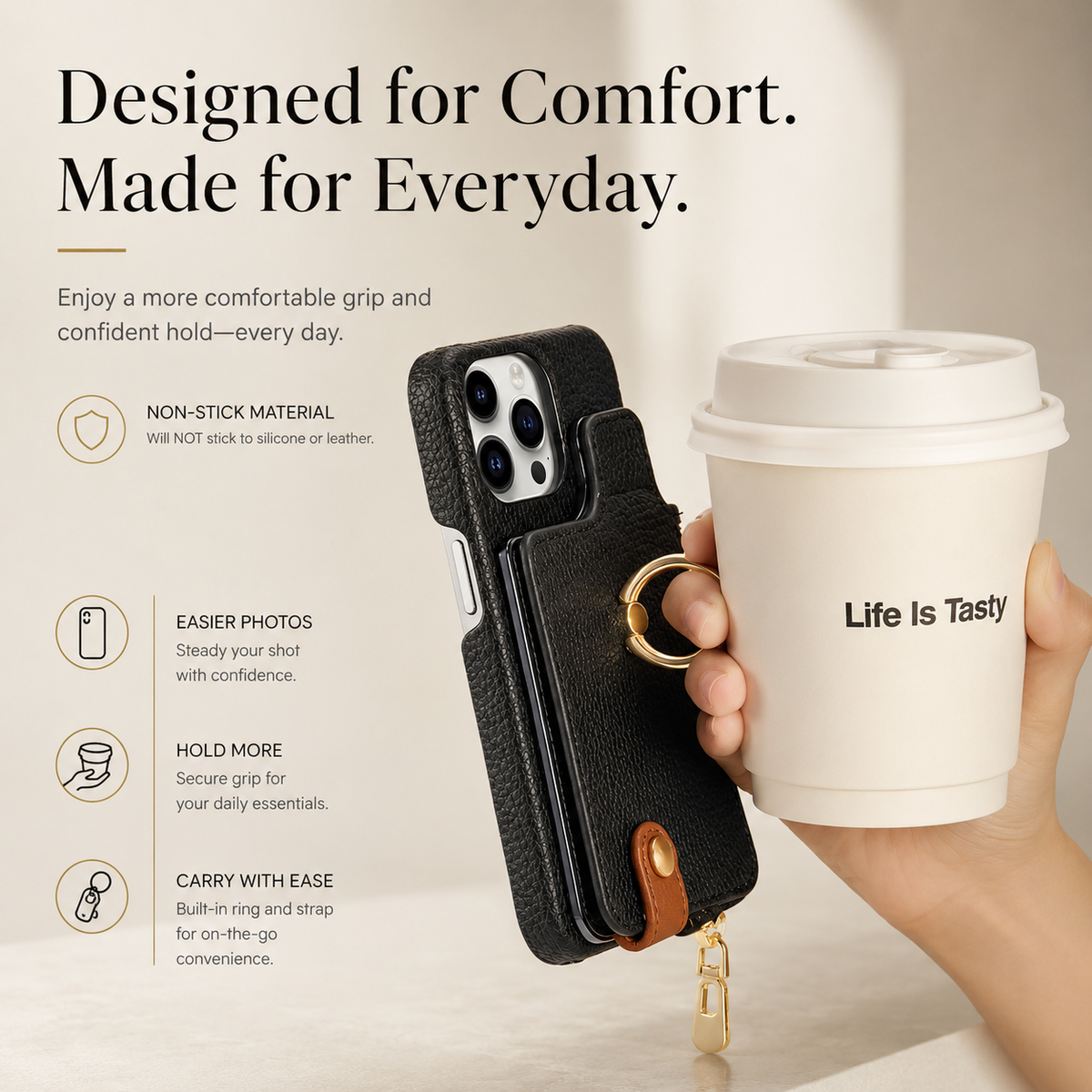 Premium iPhone Case Leather Wallet Zipper Card Holder Ring Kickstand Magnetic Closure Shockproof Protective Cover Anti Fingerprint Anti Scratch Full Coverage