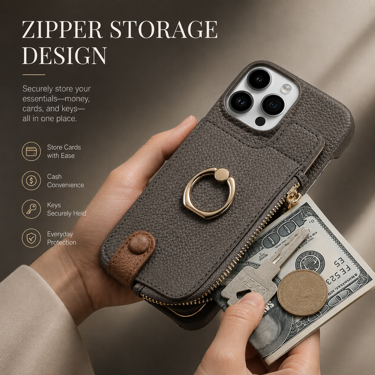 Premium iPhone Case Leather Wallet Zipper Card Holder Ring Kickstand Magnetic Closure Shockproof Protective Cover Anti Fingerprint Anti Scratch Full Coverage