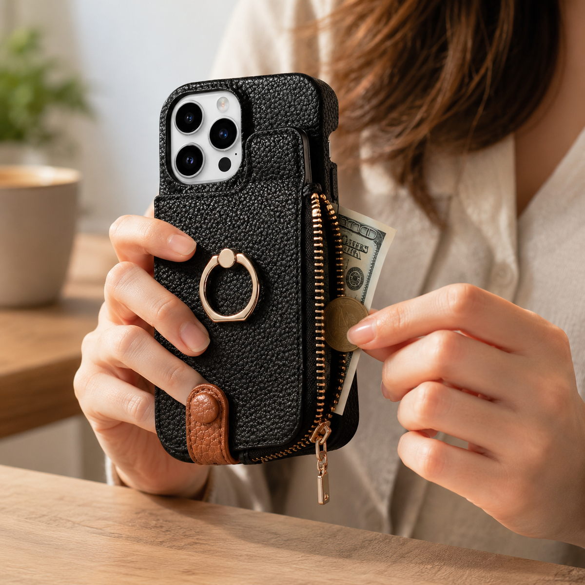 Premium iPhone Case Leather Wallet Zipper Card Holder Ring Kickstand Magnetic Closure Shockproof Protective Cover Anti Fingerprint Anti Scratch Full Coverage