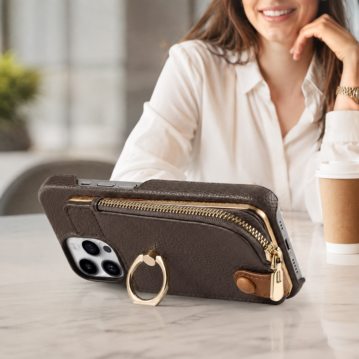 Premium iPhone Case Leather Wallet Zipper Card Holder Ring Kickstand Magnetic Closure Shockproof Protective Cover Anti Fingerprint Anti Scratch Full Coverage