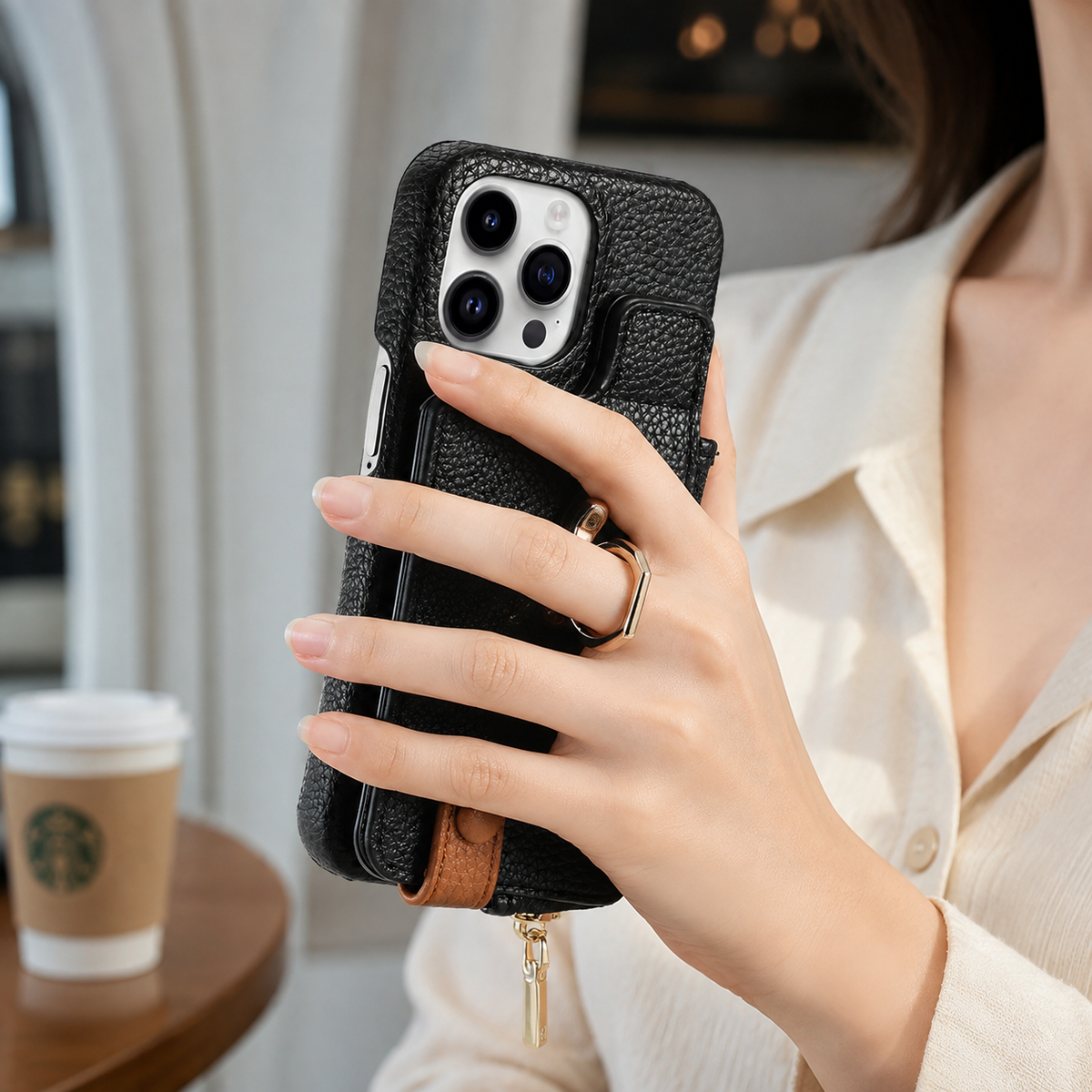 Premium iPhone Case Leather Wallet Zipper Card Holder Ring Kickstand Magnetic Closure Shockproof Protective Cover Anti Fingerprint Anti Scratch Full Coverage