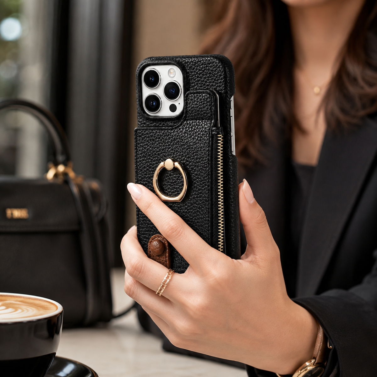 Premium iPhone Case Leather Wallet Zipper Card Holder Ring Kickstand Magnetic Closure Shockproof Protective Cover Anti Fingerprint Anti Scratch Full Coverage