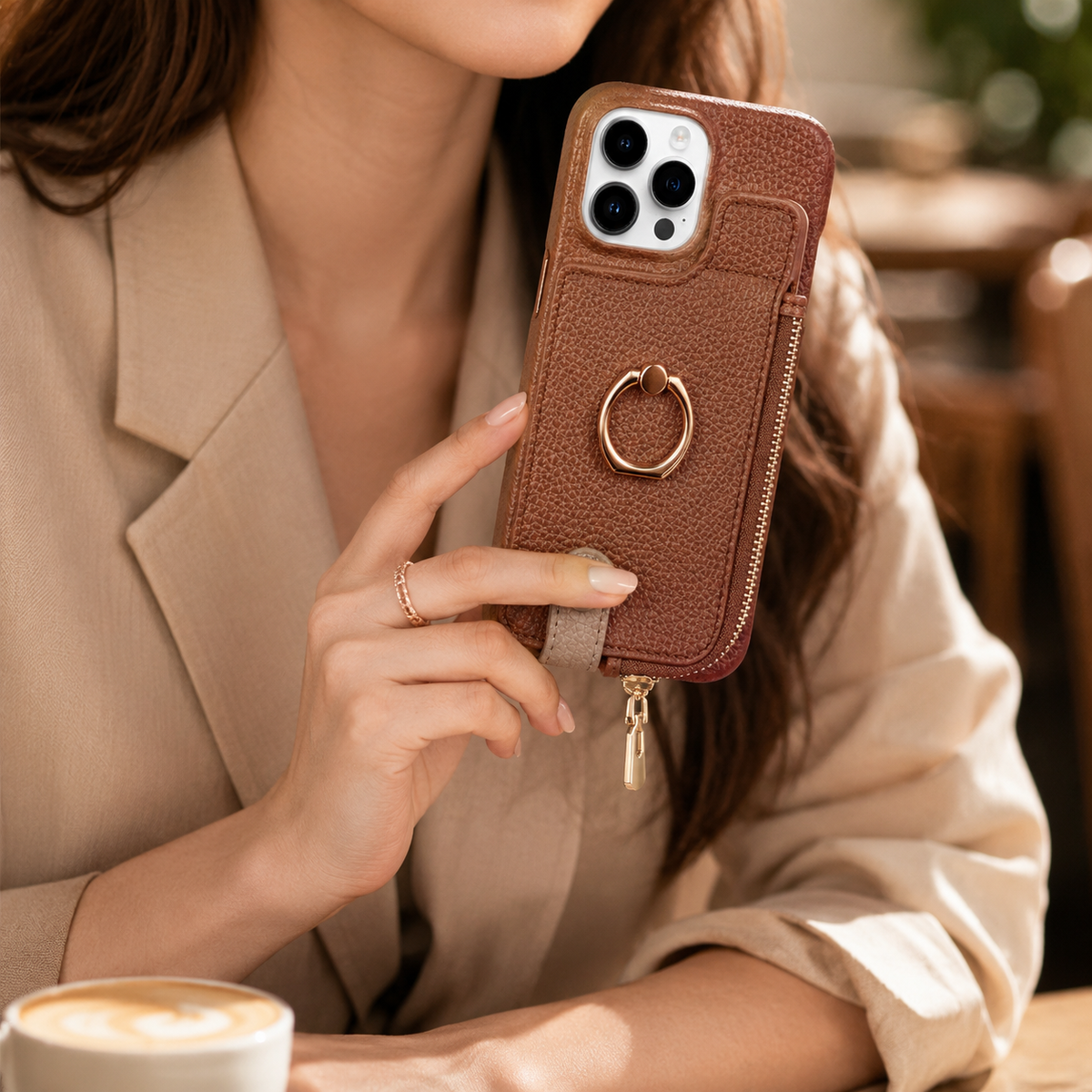Premium iPhone Case Leather Wallet Zipper Card Holder Ring Kickstand Magnetic Closure Shockproof Protective Cover Anti Fingerprint Anti Scratch Full Coverage