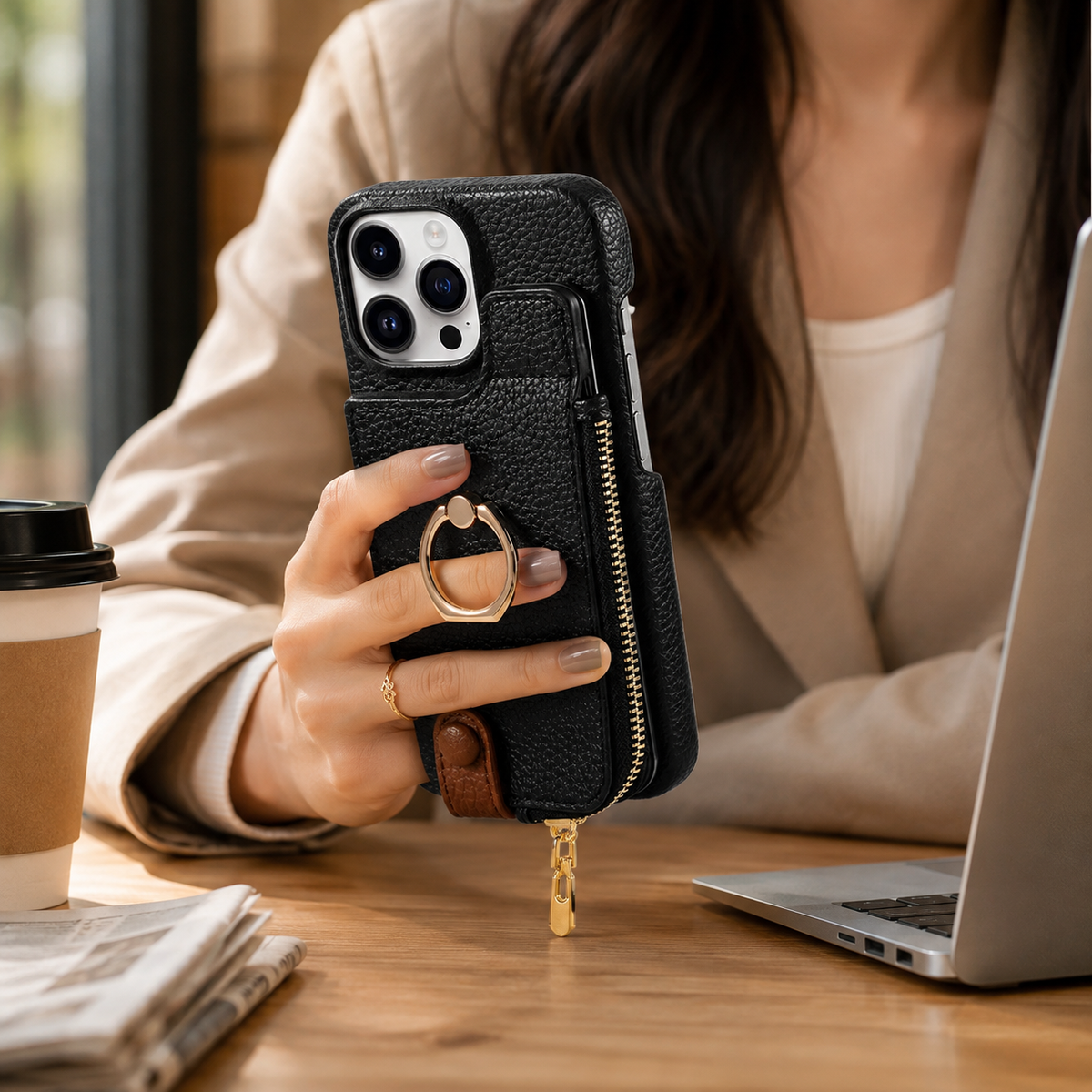 Premium iPhone Case Leather Wallet Zipper Card Holder Ring Kickstand Magnetic Closure Shockproof Protective Cover Anti Fingerprint Anti Scratch Full Coverage