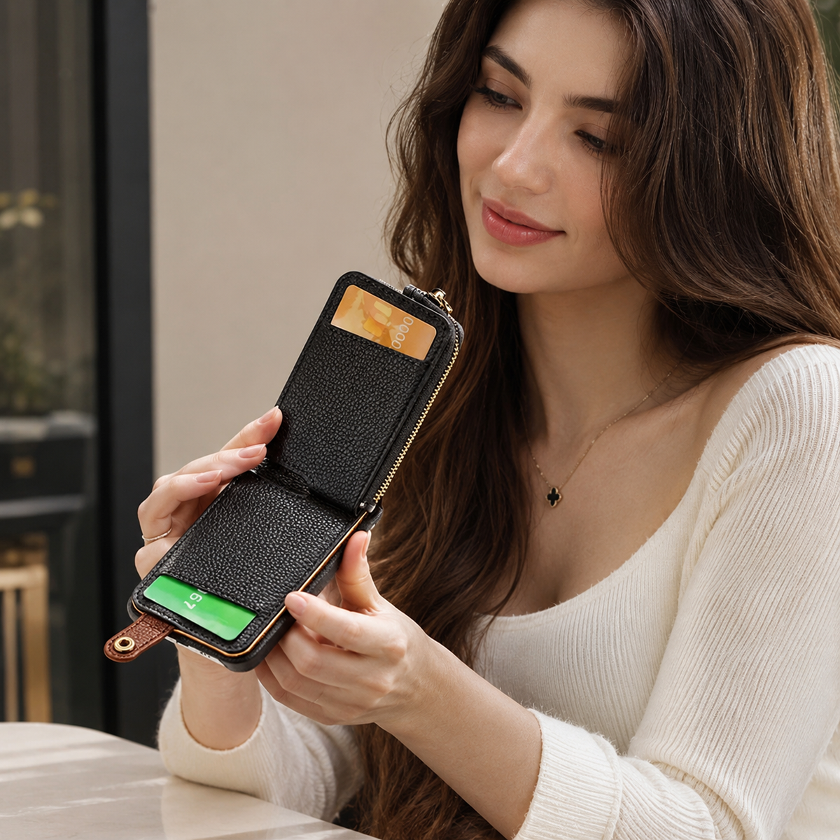 Premium iPhone Case Leather Wallet Zipper Card Holder Ring Kickstand Magnetic Closure Shockproof Protective Cover Anti Fingerprint Anti Scratch Full Coverage