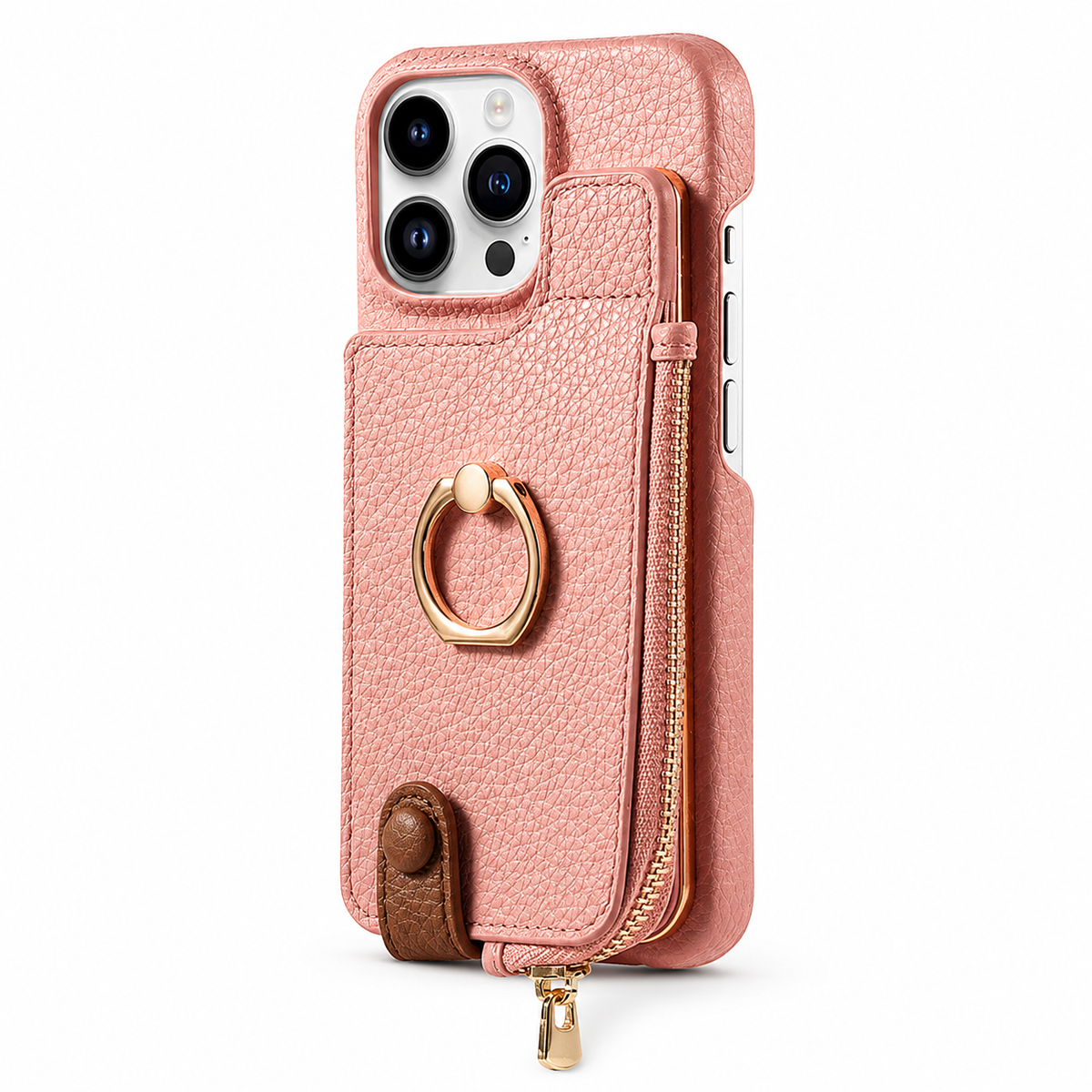 Premium iPhone Case Leather Wallet Zipper Card Holder Ring Kickstand Magnetic Closure Shockproof Protective Cover Anti Fingerprint Anti Scratch Full Coverage