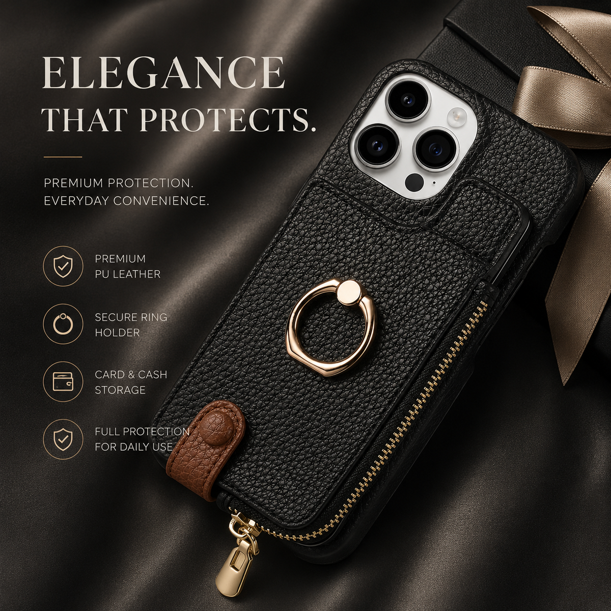 Premium iPhone Case Leather Wallet Zipper Card Holder Ring Kickstand Magnetic Closure Shockproof Protective Cover Anti Fingerprint Anti Scratch Full Coverage