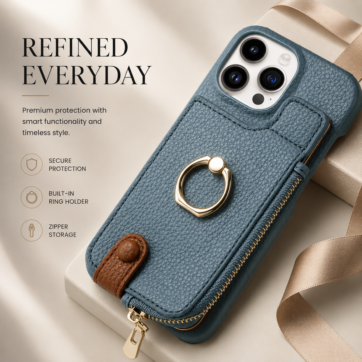 Premium iPhone Case Leather Wallet Zipper Card Holder Ring Kickstand Magnetic Closure Shockproof Protective Cover Anti Fingerprint Anti Scratch Full Coverage