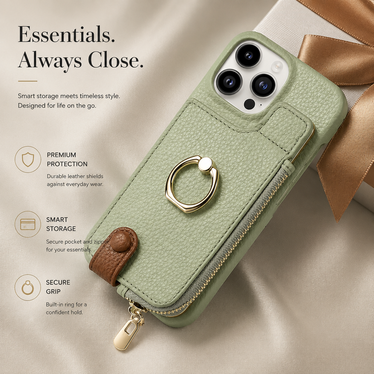 Premium iPhone Case Leather Zipper Wallet Cover Card Holder Ring Kickstand Magnetic Closure Shockproof Full Protection Slim Protective Design