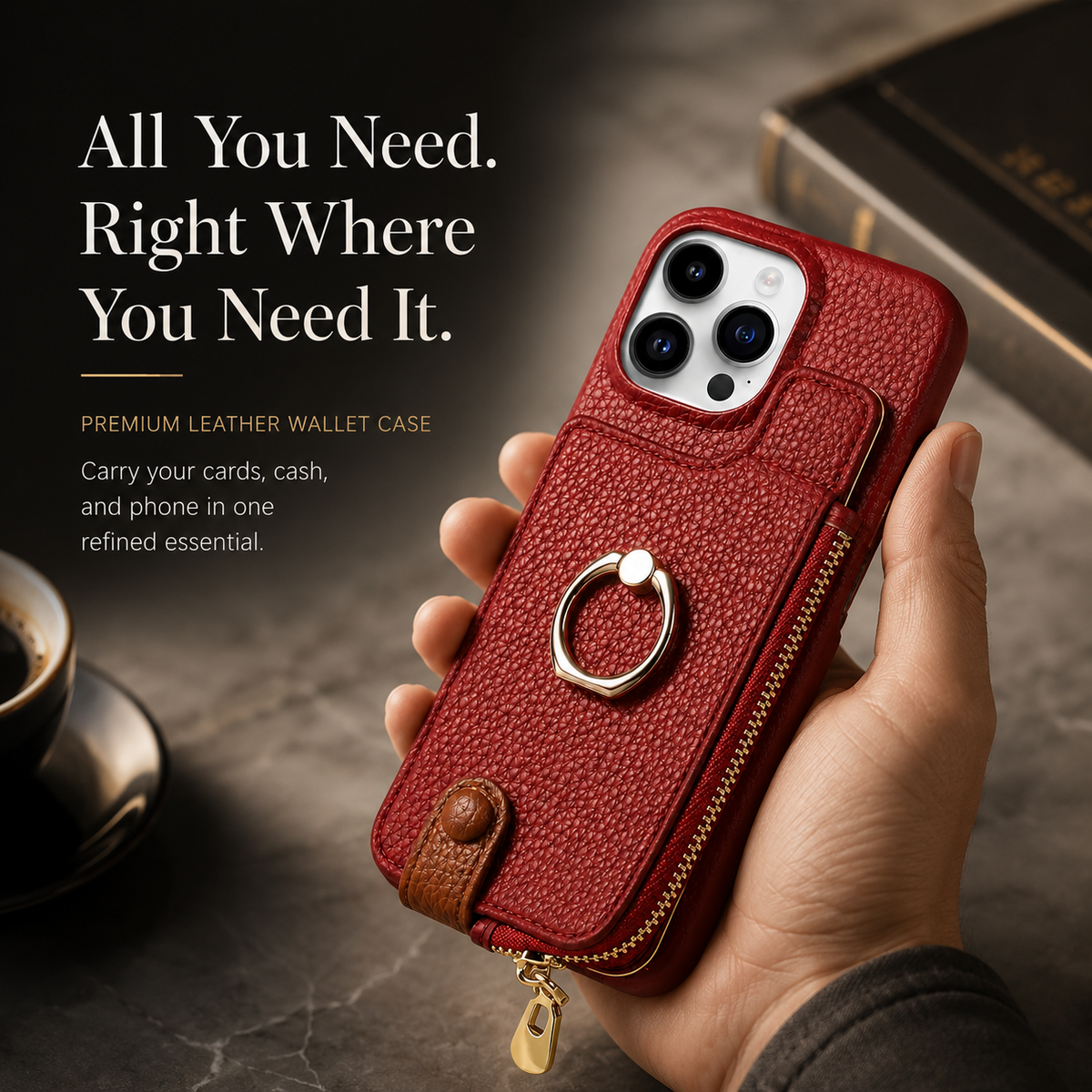 Premium iPhone Case Leather Zipper Wallet Cover Card Holder Ring Kickstand Magnetic Closure Shockproof Full Protection Slim Protective Design