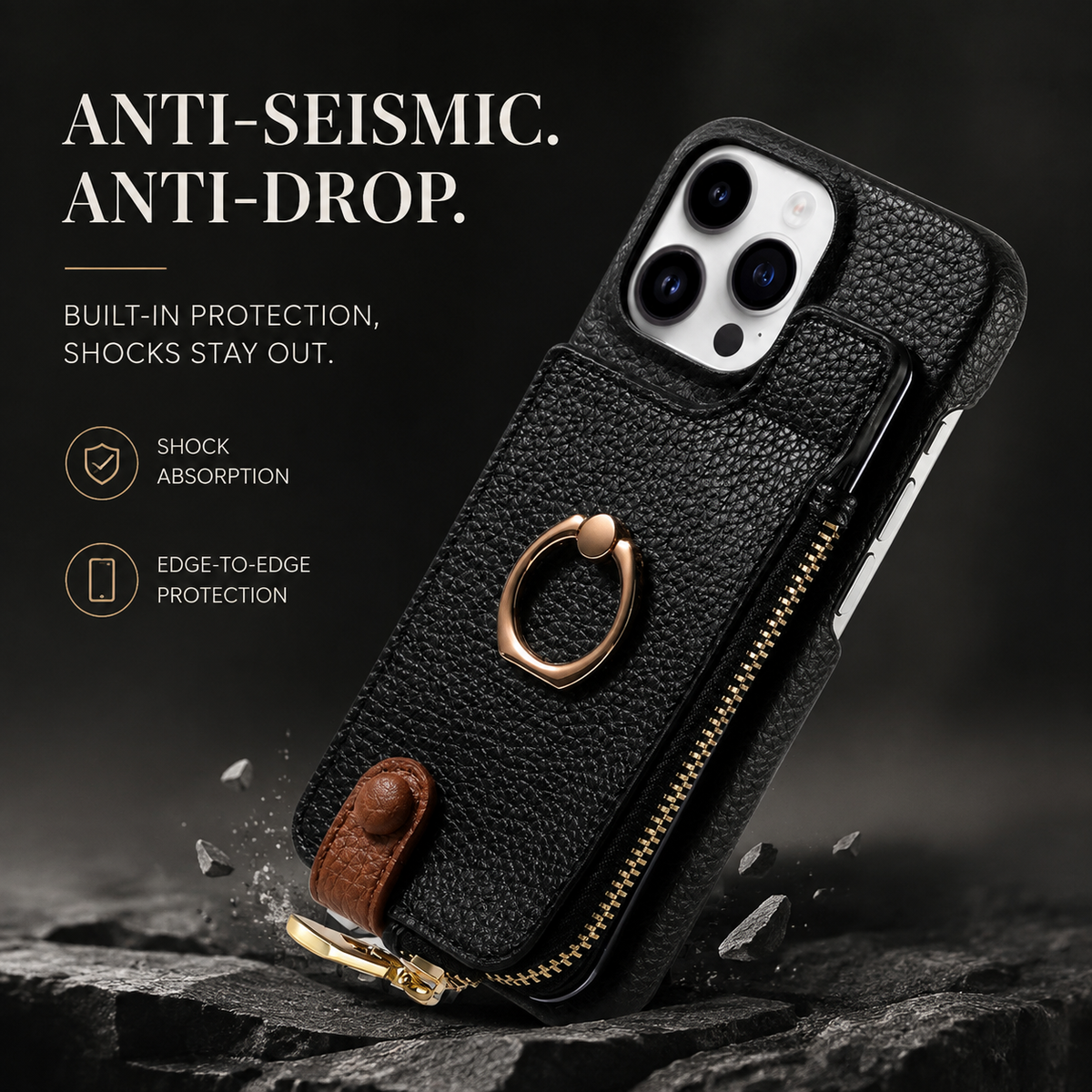 Premium iPhone Case Leather Zipper Wallet Cover Card Holder Ring Kickstand Magnetic Closure Shockproof Full Protection Slim Protective Design