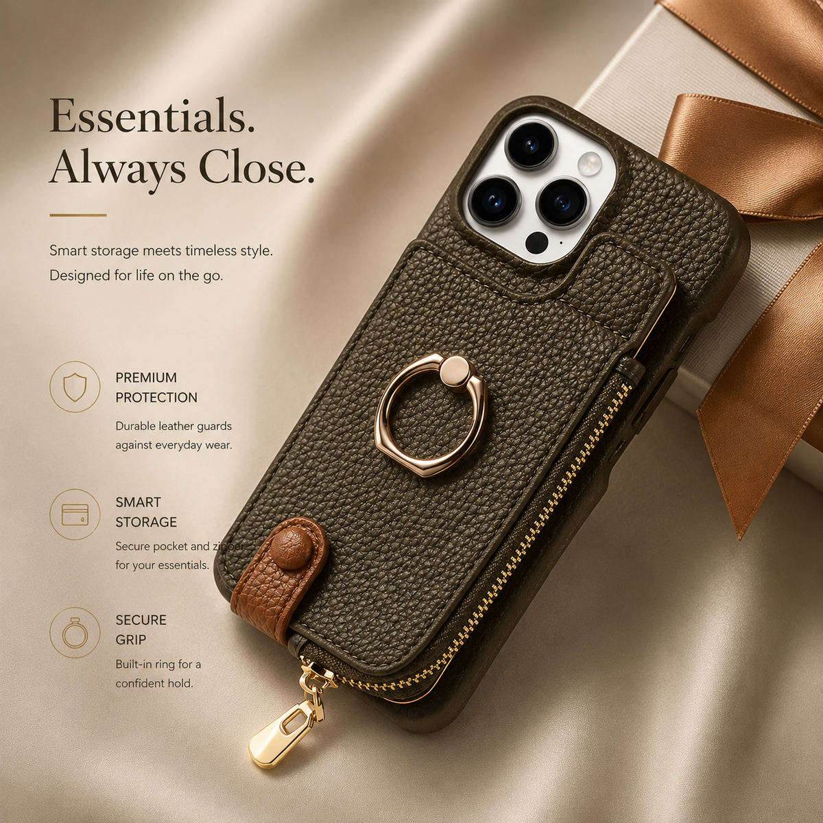 Premium iPhone Case Leather Zipper Wallet Cover Card Holder Ring Kickstand Magnetic Closure Shockproof Full Protection Slim Protective Design