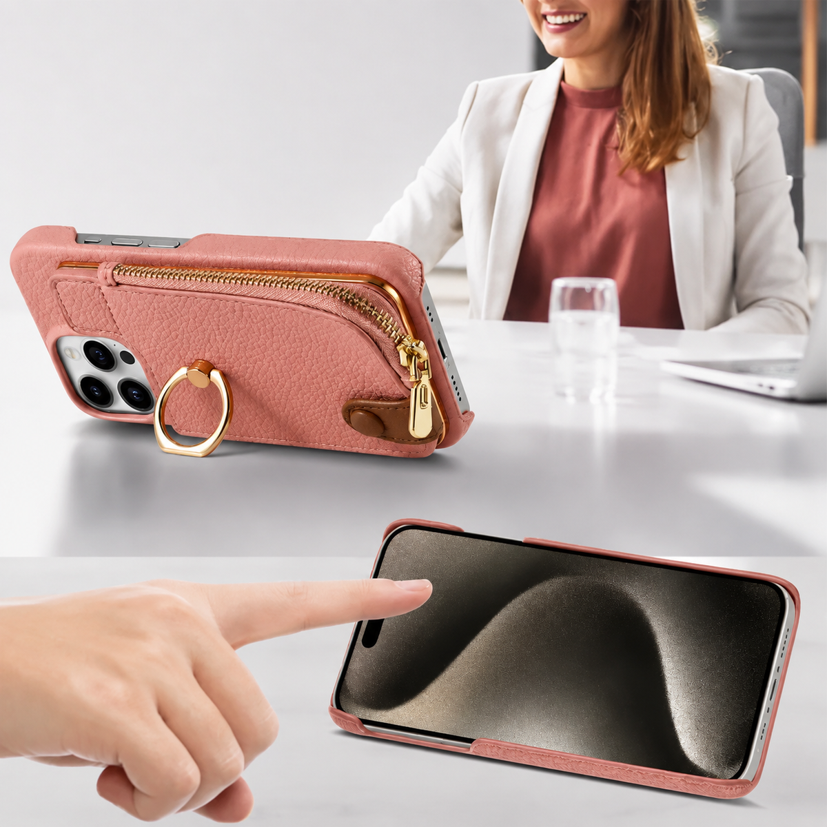 Premium iPhone Case Leather Zipper Wallet Cover Card Holder Ring Kickstand Magnetic Closure Shockproof Full Protection Slim Protective Design