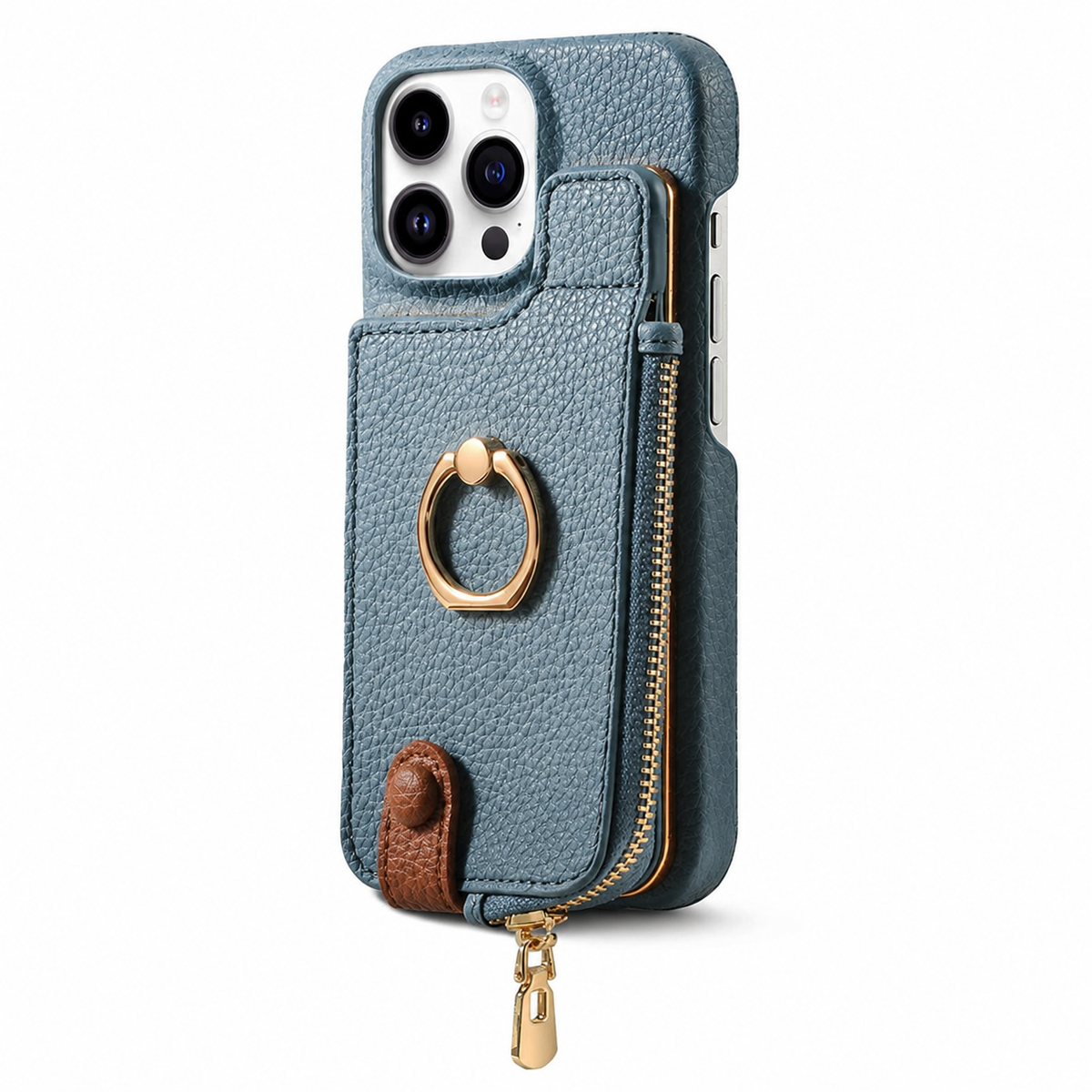 Premium iPhone Case Leather Zipper Wallet Cover Card Holder Ring Kickstand Magnetic Closure Shockproof Full Protection Slim Protective Design