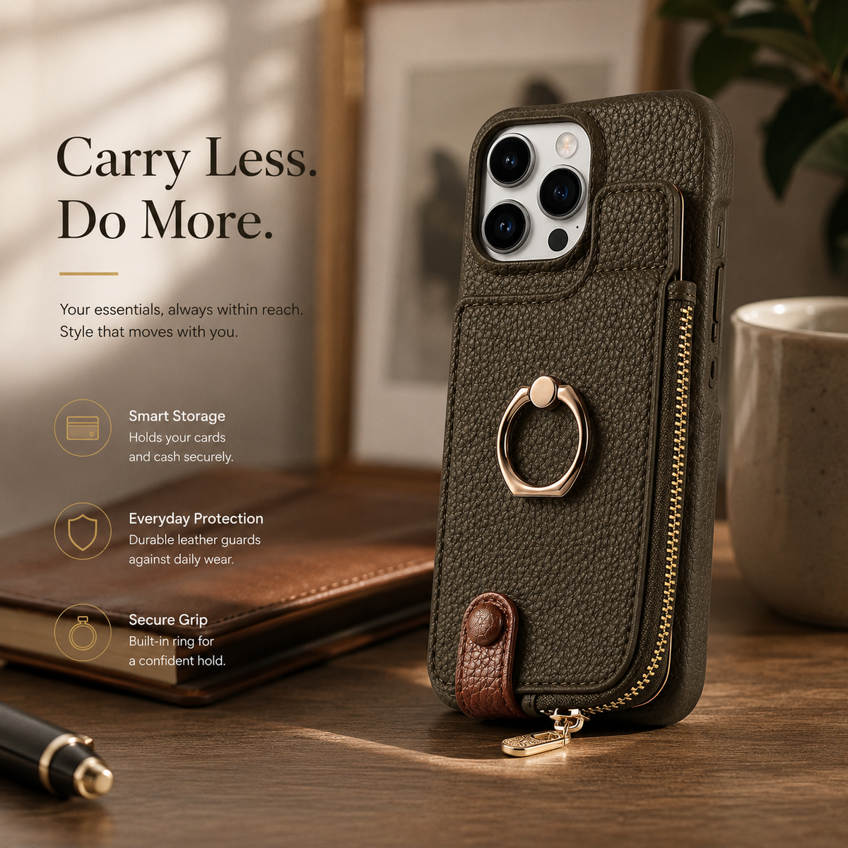 Premium iPhone Case Leather Zipper Wallet Cover Card Holder Ring Kickstand Magnetic Closure Shockproof Full Protection Slim Protective Design