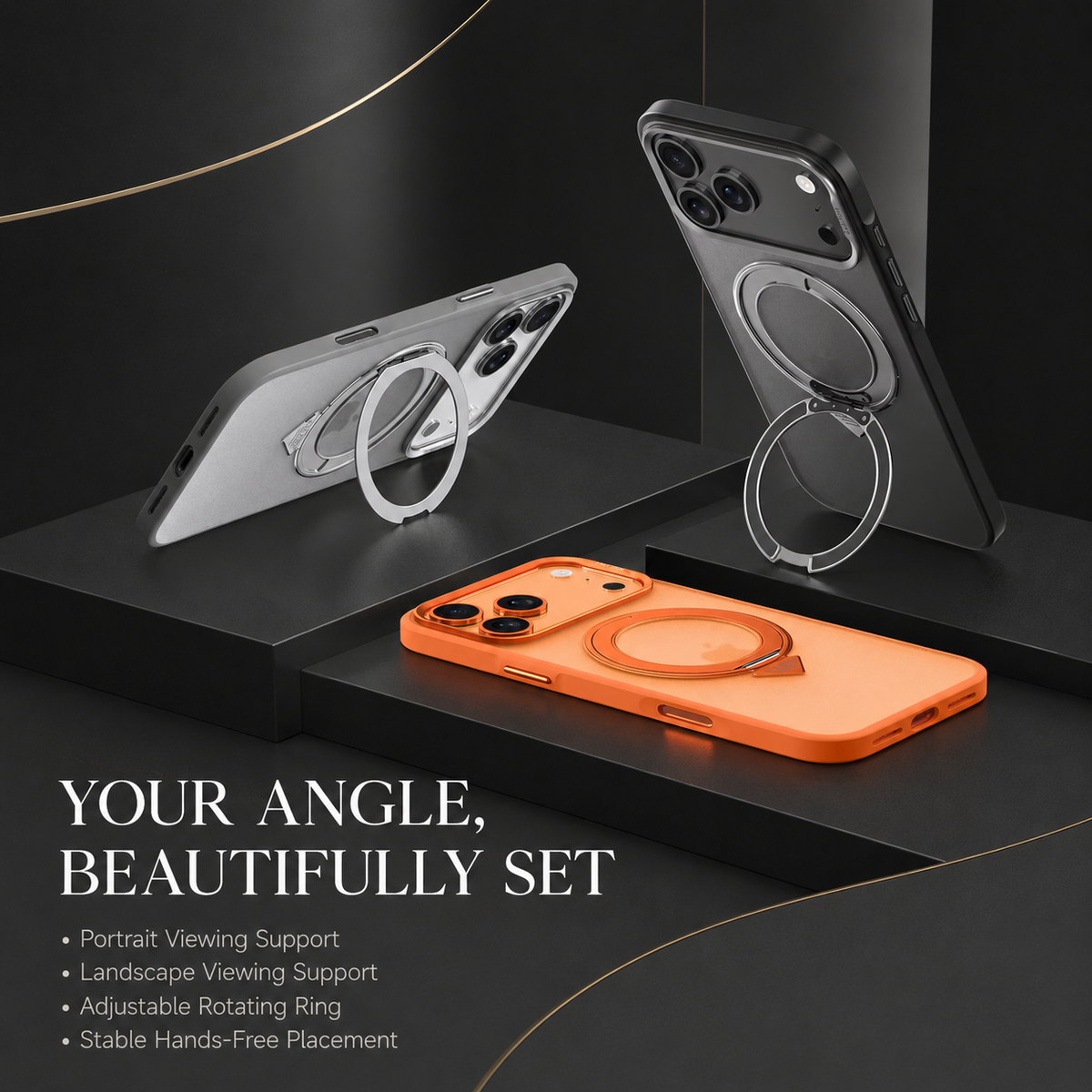 Premium iPhone Case MagSafe 360 Rotating Magnetic Kickstand Skin Feel Metal Lens Shockproof PC TPU Slim Non Slip Protective Bumper Cover Case Design