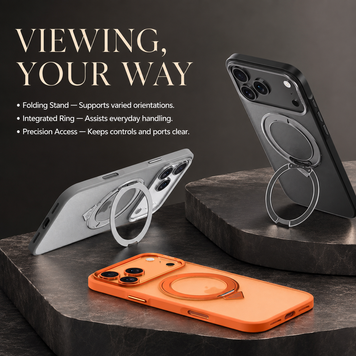 Premium iPhone Case MagSafe 360 Rotating Ring Kickstand Metal Lens Skin Feel Magnetic Shockproof PC TPU Slim Fit Protective Bumper Phone Cover Case