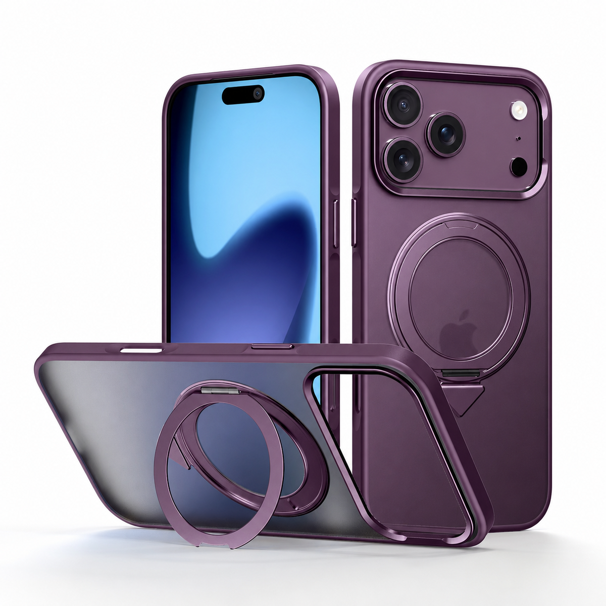 Premium iPhone Case MagSafe 360 Rotating Ring Kickstand Metal Lens Skin Feel Magnetic Shockproof PC TPU Slim Fit Protective Bumper Phone Cover Case
